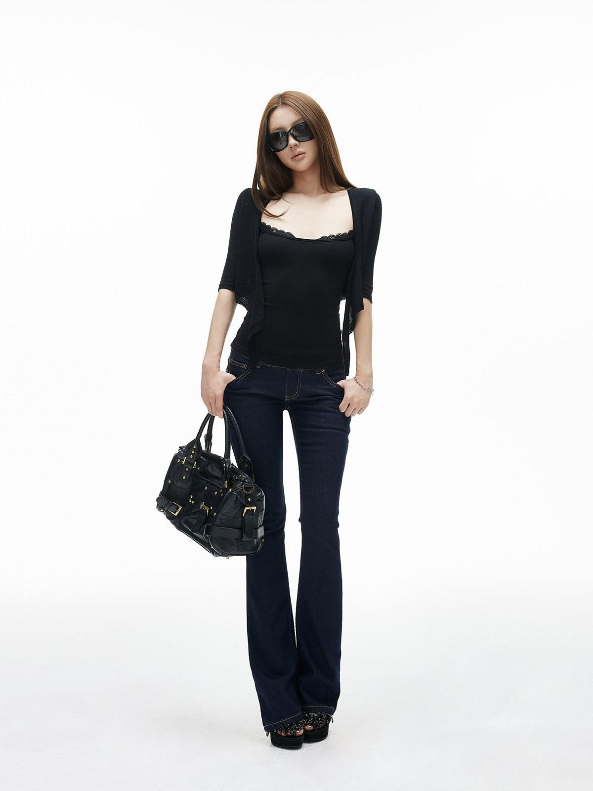 iamxiaa Lace Trim Ribbed Straight Neck Spaghetti Strap Women&