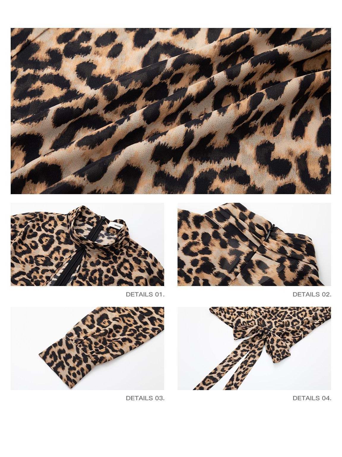 iamxiaa Leopard Print Stand Collar Teardrop Cutout Ribbon Women&