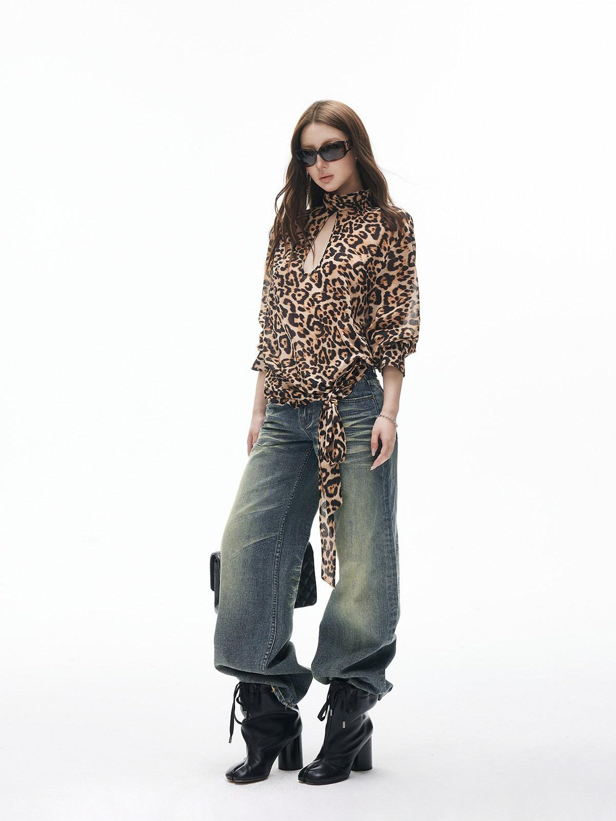 iamxiaa Leopard Print Stand Collar Teardrop Cutout Ribbon Women&