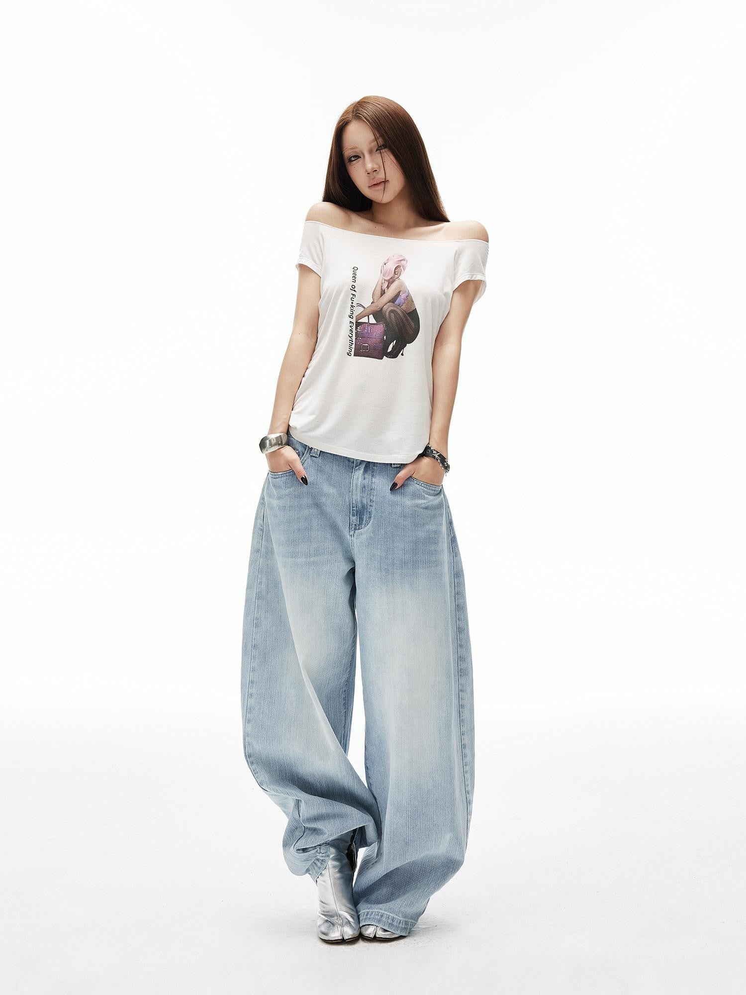 iamxiaa Light Blue Vertical Slub Hand Rivet Distressed Women&