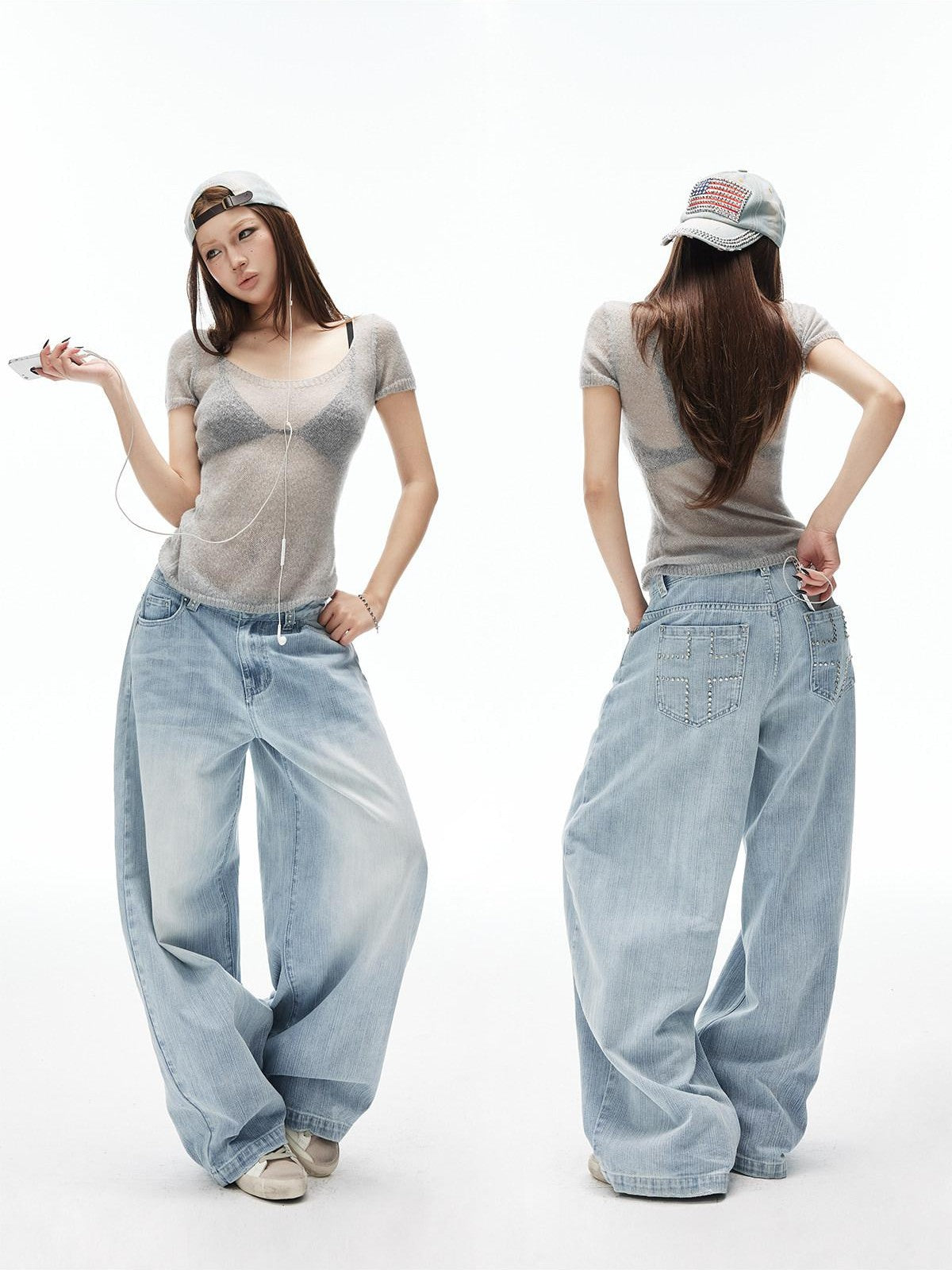 iamxiaa Light Blue Vertical Slub Hand Rivet Distressed Women&