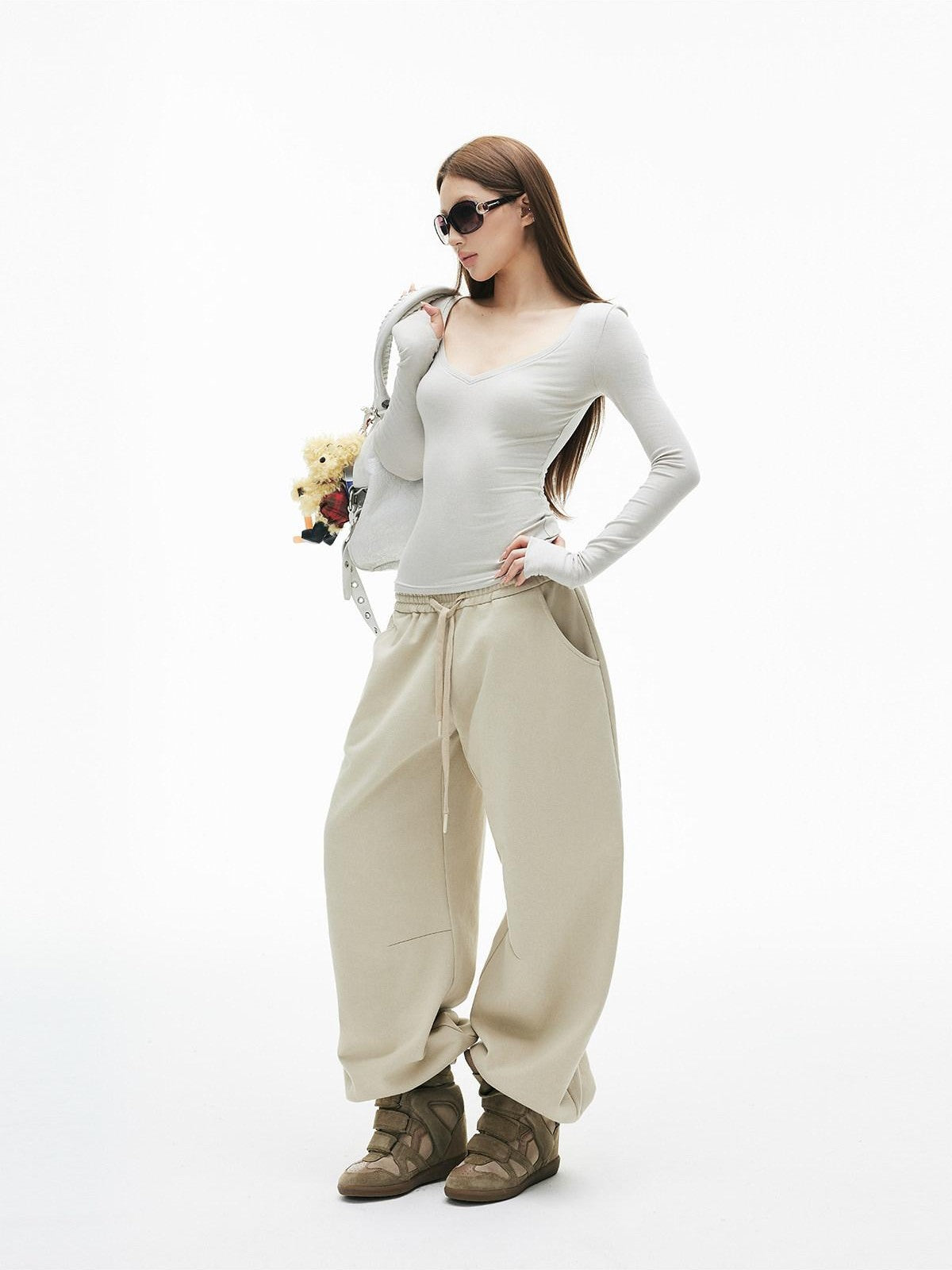 iamxiaa Light Khaki Drawstring Waist Curved Cuff Slimming Women&