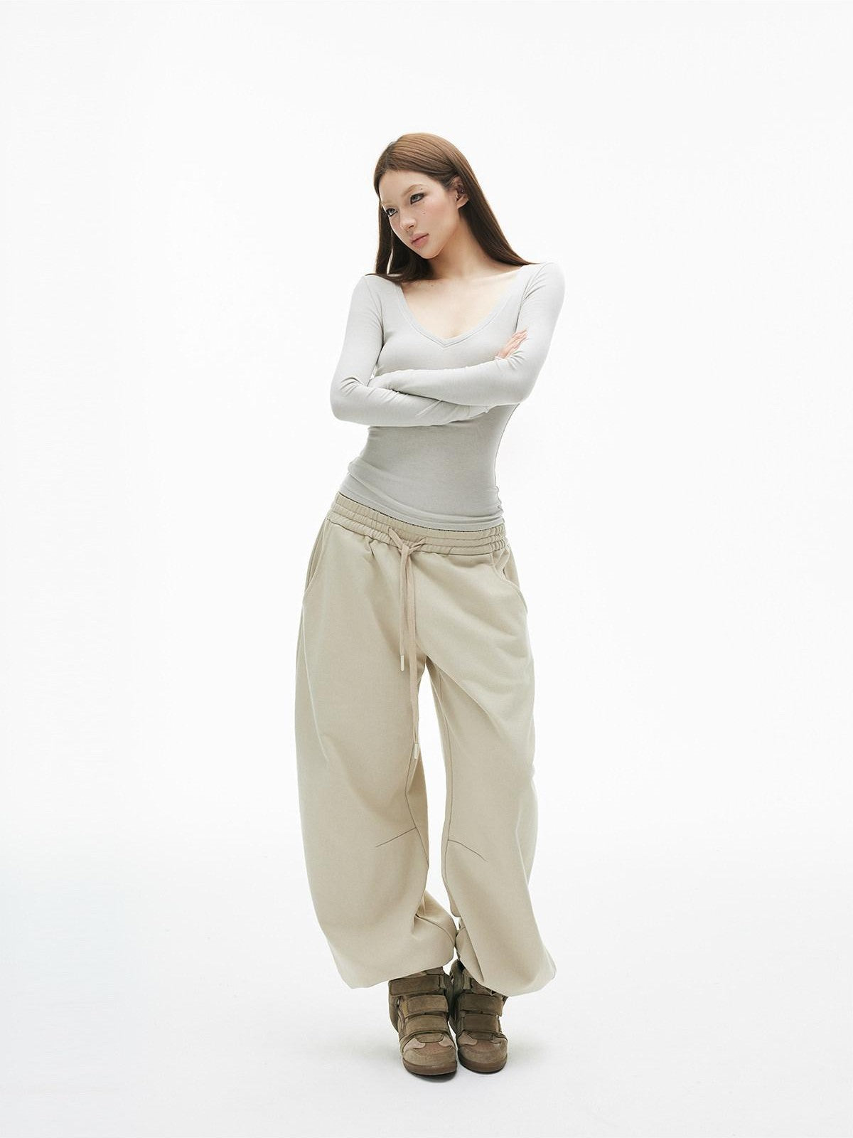 iamxiaa Light Khaki Drawstring Waist Curved Cuff Slimming Women&