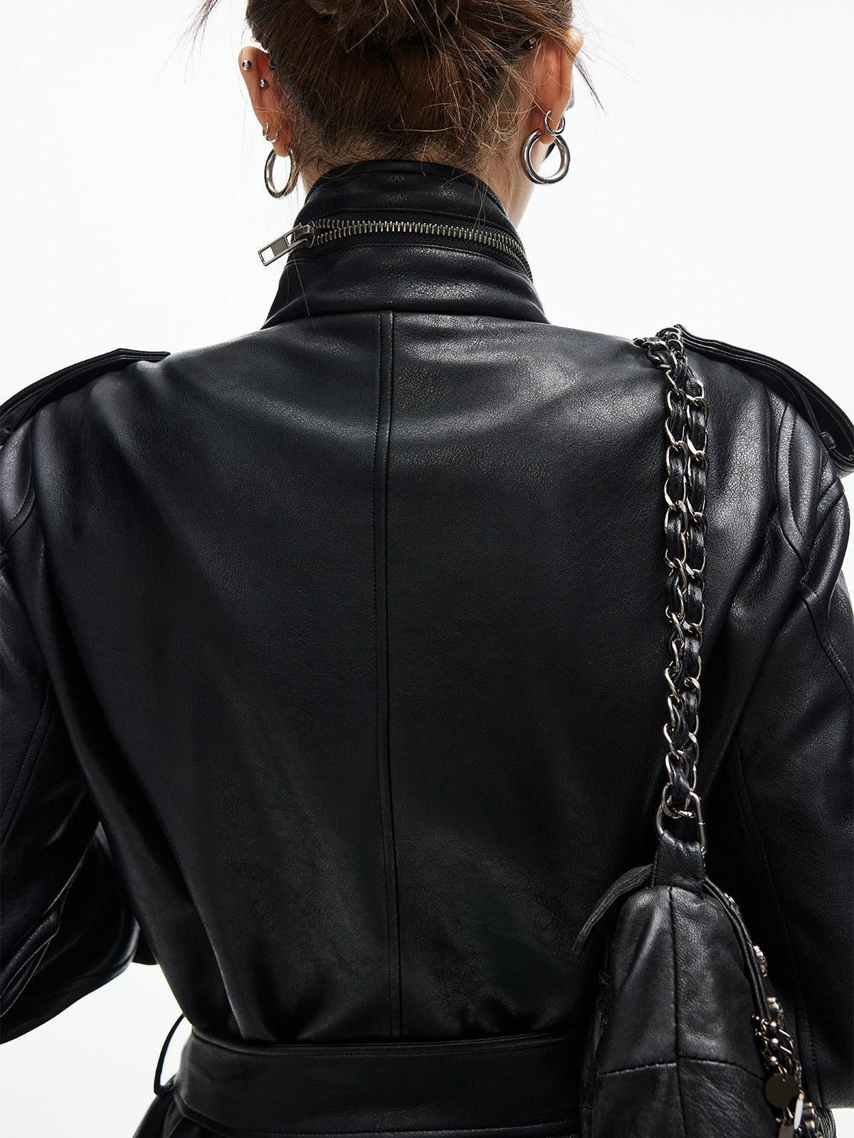 iamxiaa Matte Black Stand Collar Epaulet Belted Waist Utility Women&