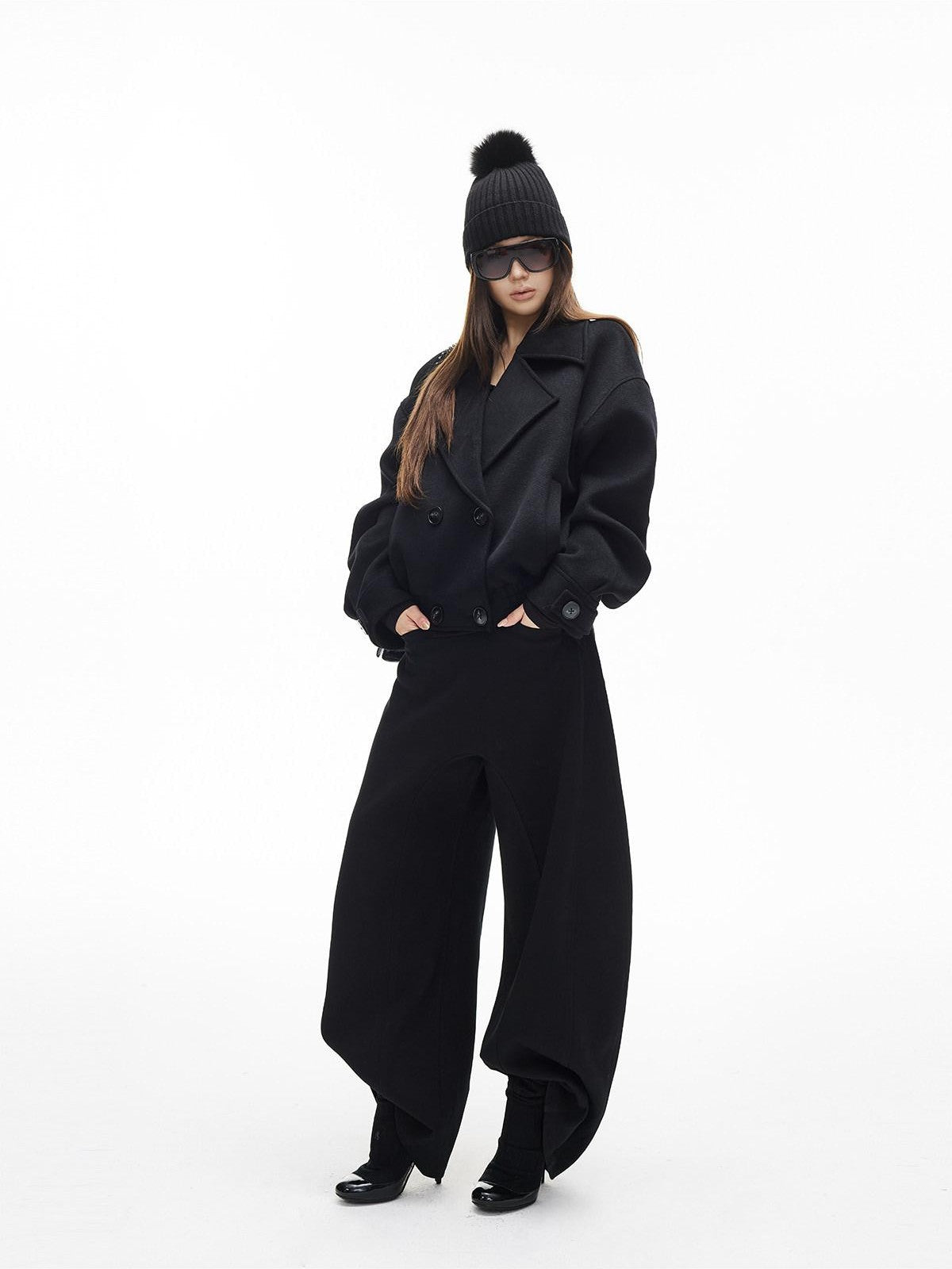 iamxiaa Matte Velvet Double Breasted Lapel Ruching Hem Women&