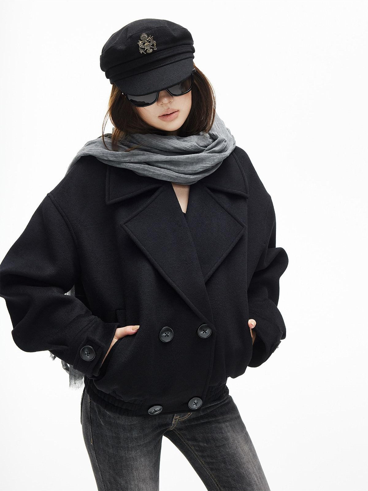 iamxiaa Matte Velvet Double Breasted Lapel Ruching Hem Women&