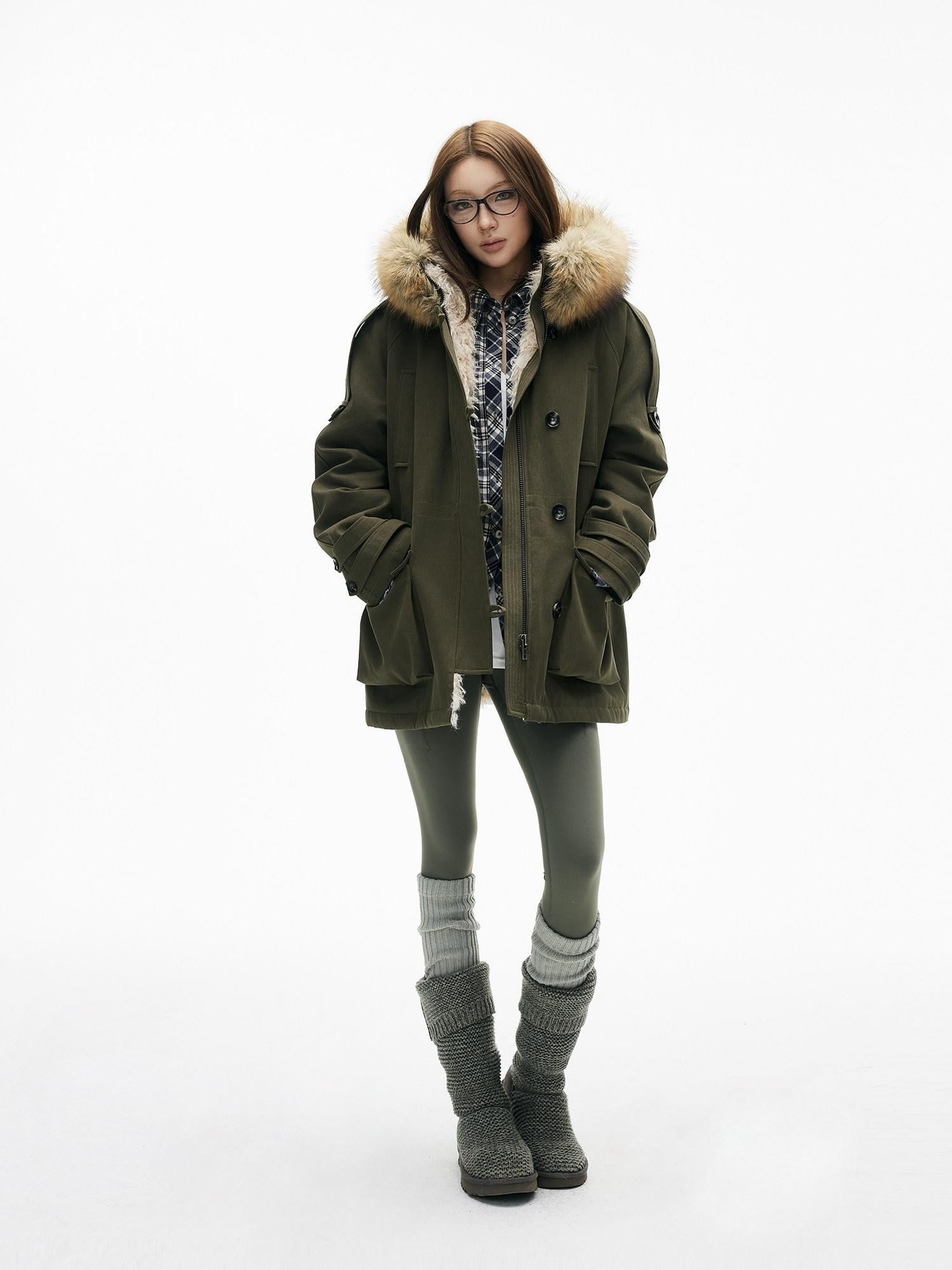 iamxiaa Military Green Hooded Detachable Fur Collar Women&