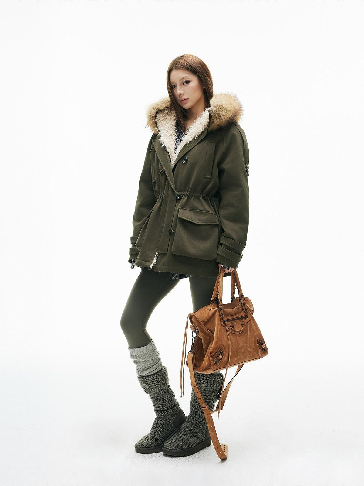 iamxiaa Military Green Hooded Detachable Fur Collar Women&
