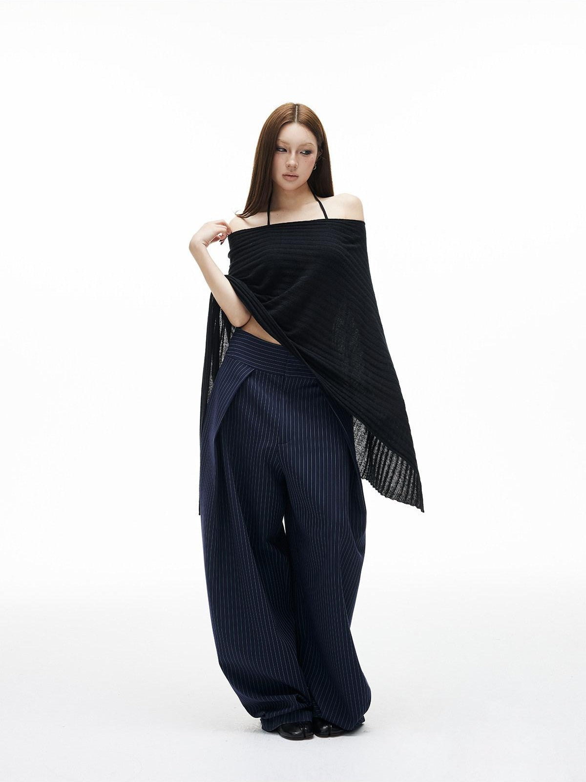 iamxiaa Navy Green Pinstripe Sculpted Pleats Banana Wide Leg Women&