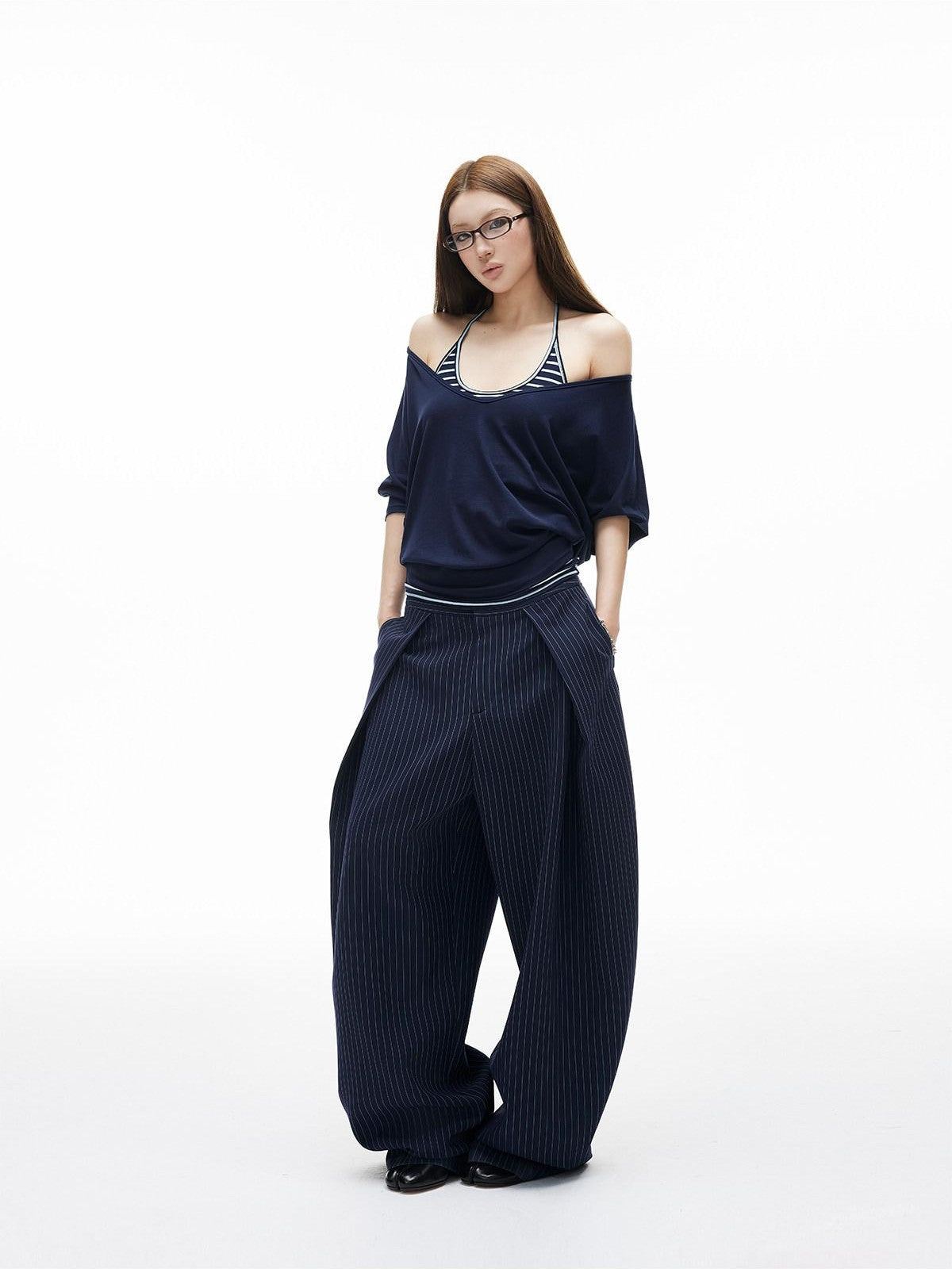 iamxiaa Navy Green Pinstripe Sculpted Pleats Banana Wide Leg Women&