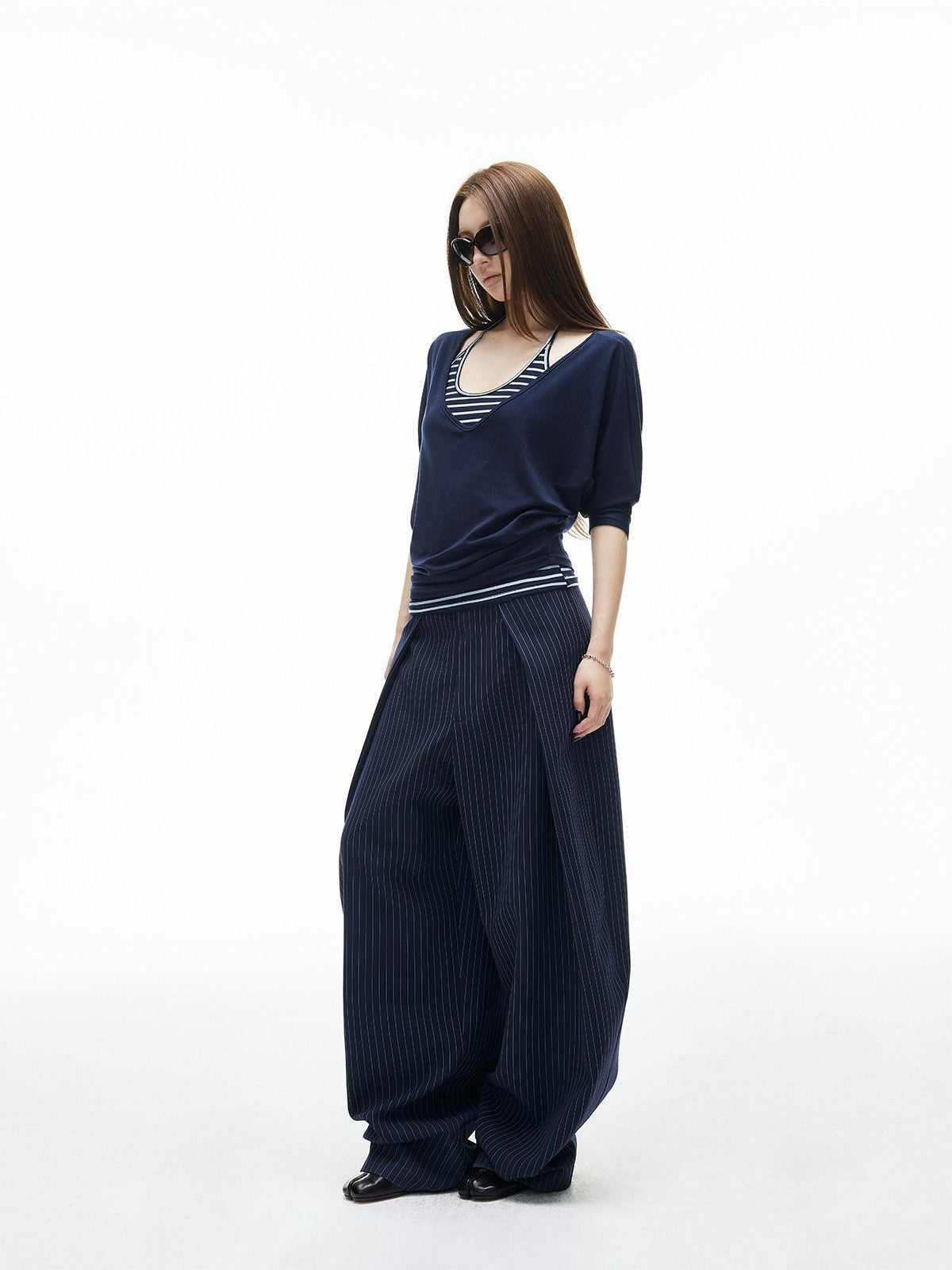 iamxiaa Navy Striped Two Piece V U Neck Women&