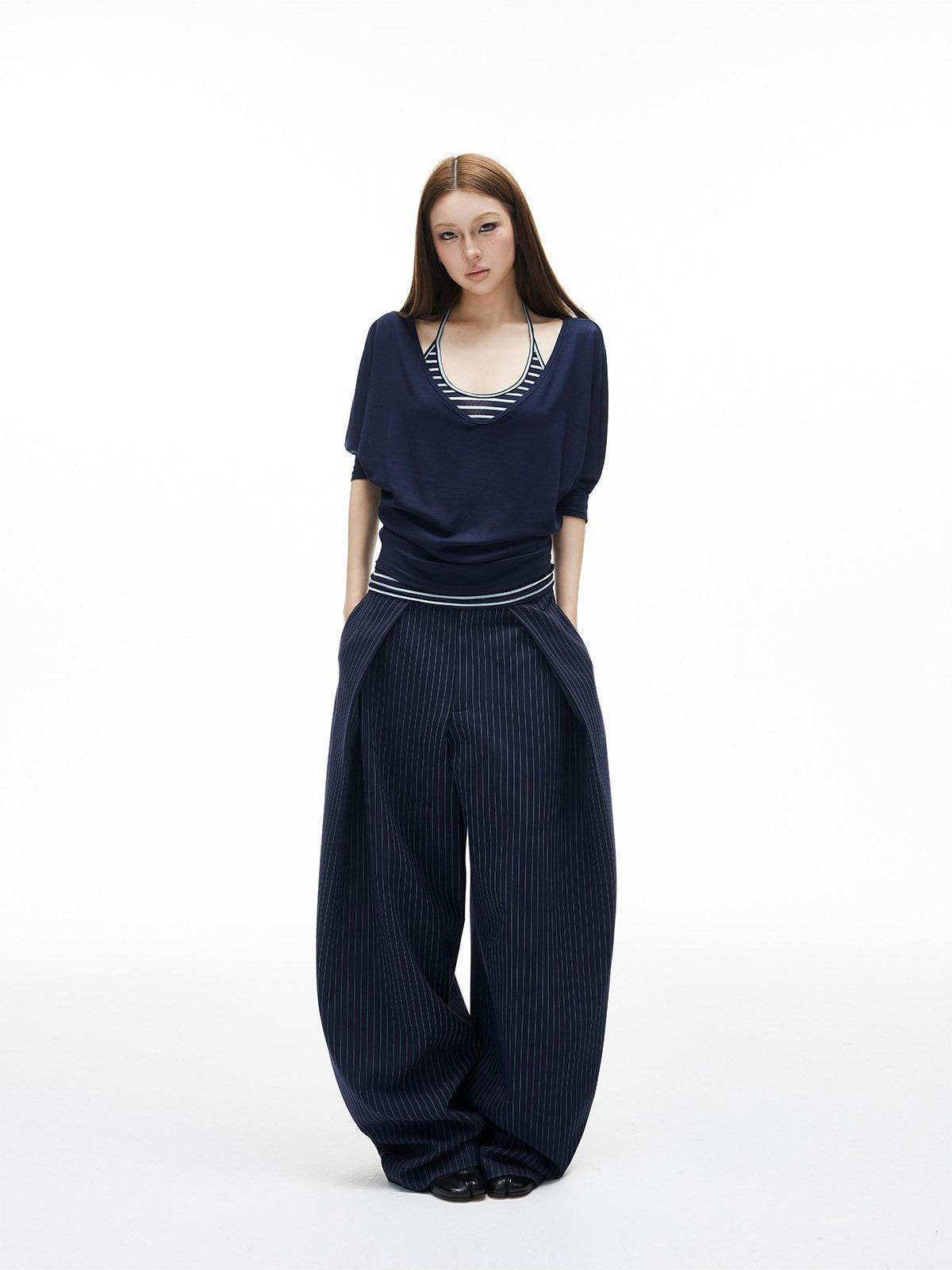 iamxiaa Navy Striped Two Piece V U Neck Women&