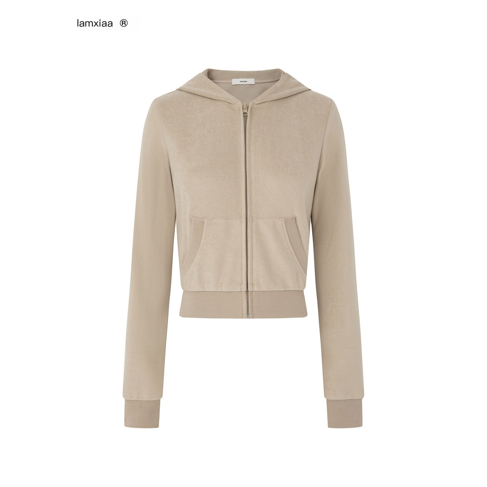iamxiaa_Nude_Khaki_Cropped_Slim_Hoodie_Low_Waist_Straight_Women&