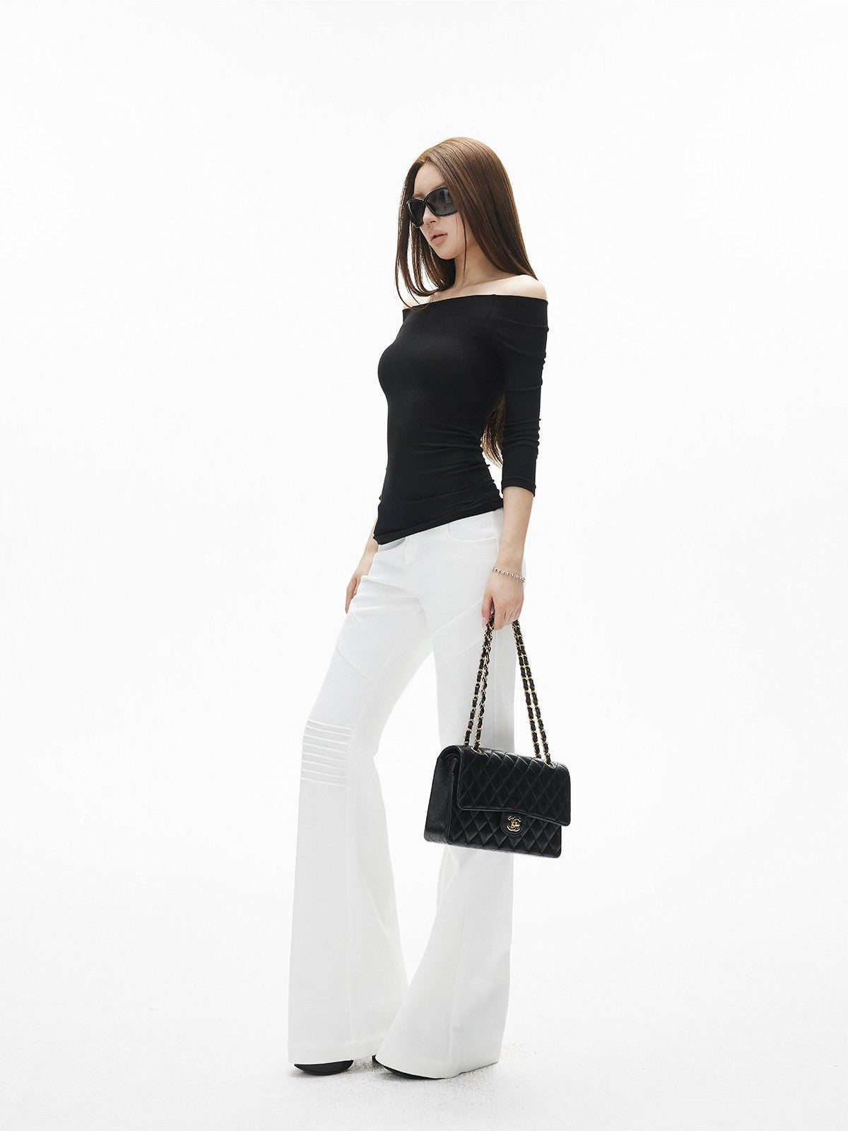 iamxiaa Off Shoulder Stretch Knit Slim Fit Women&