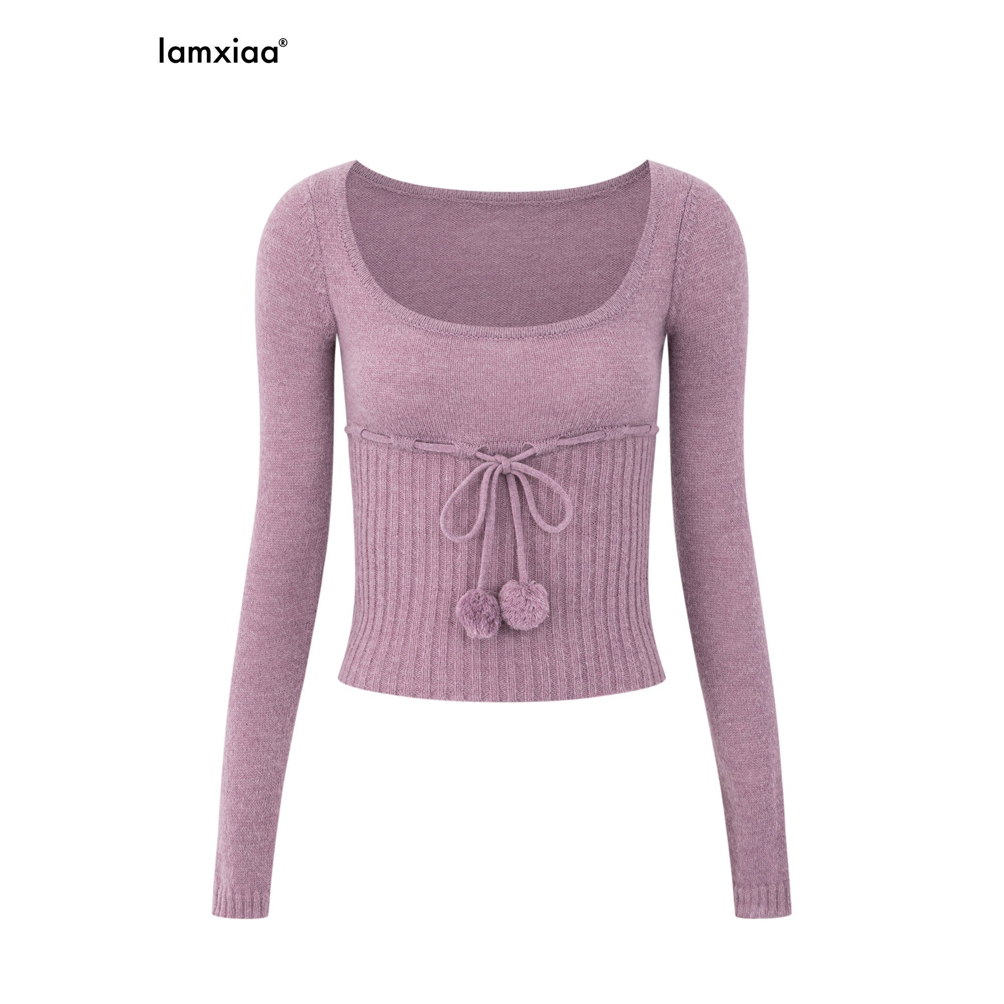 iamxiaa_Pompom_U_Neck_Tie_Rib_Waist_Cropped_Slim_Women&