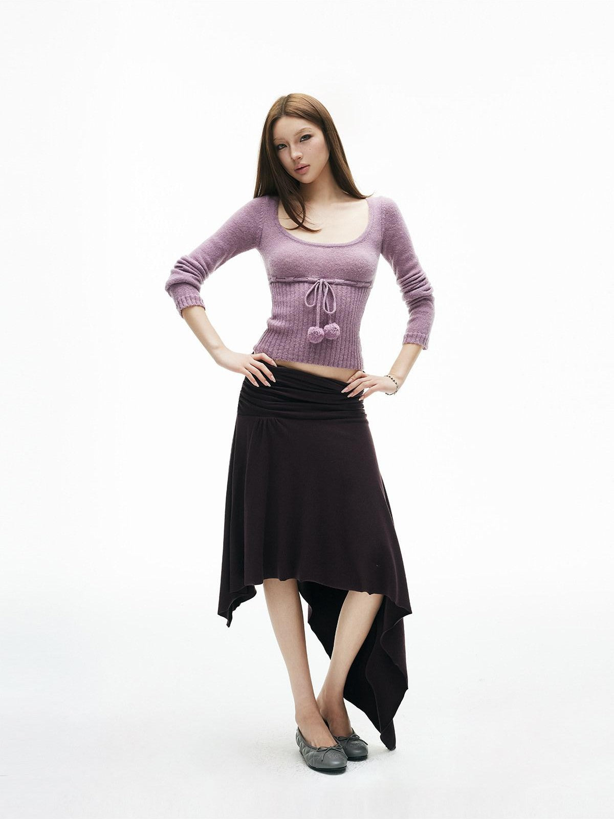 iamxiaa Pompom U Neck Tie Rib Waist Cropped Slim Women&
