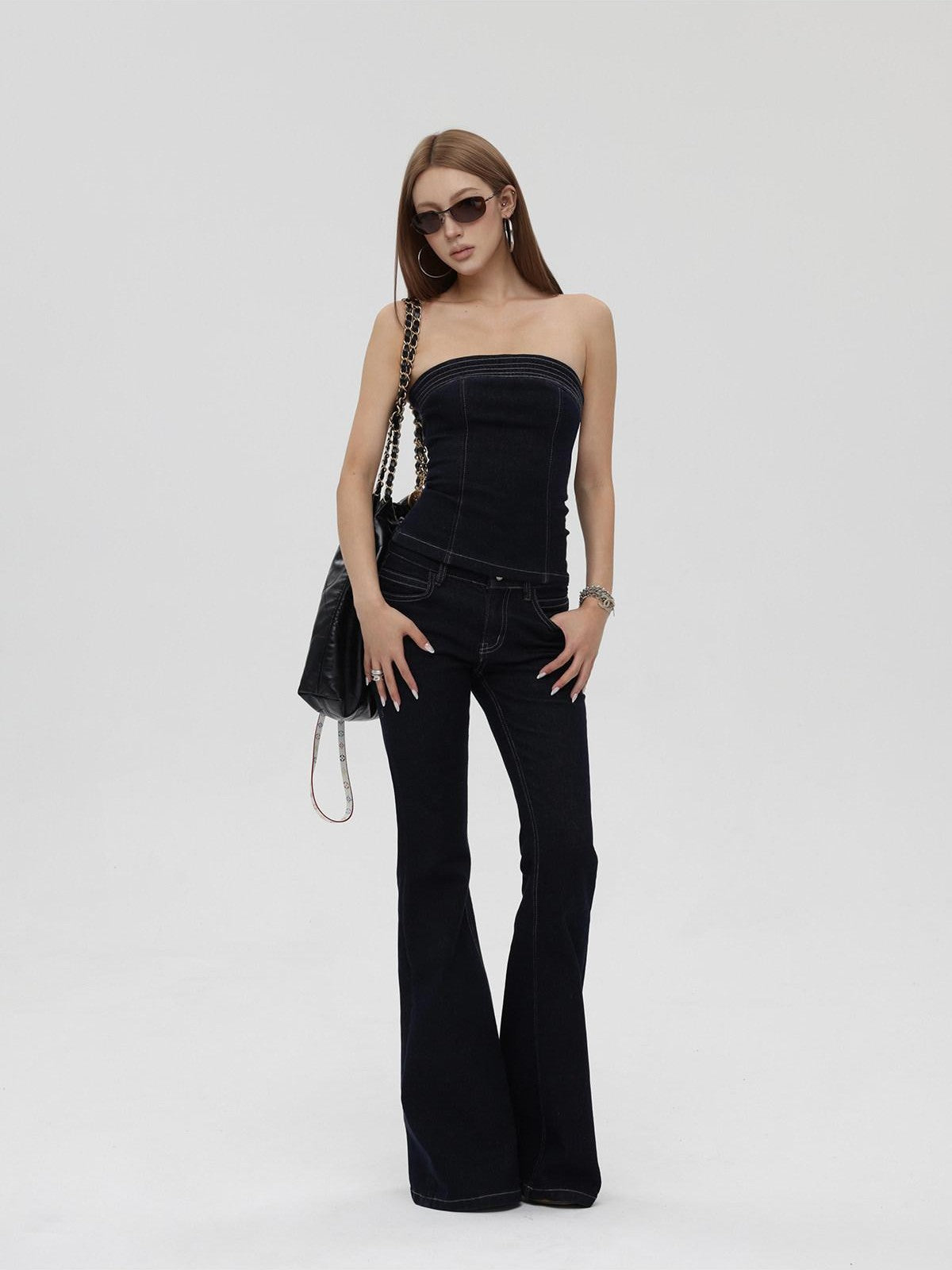 iamxiaa Raw Denim Colorblock Bustier Women&