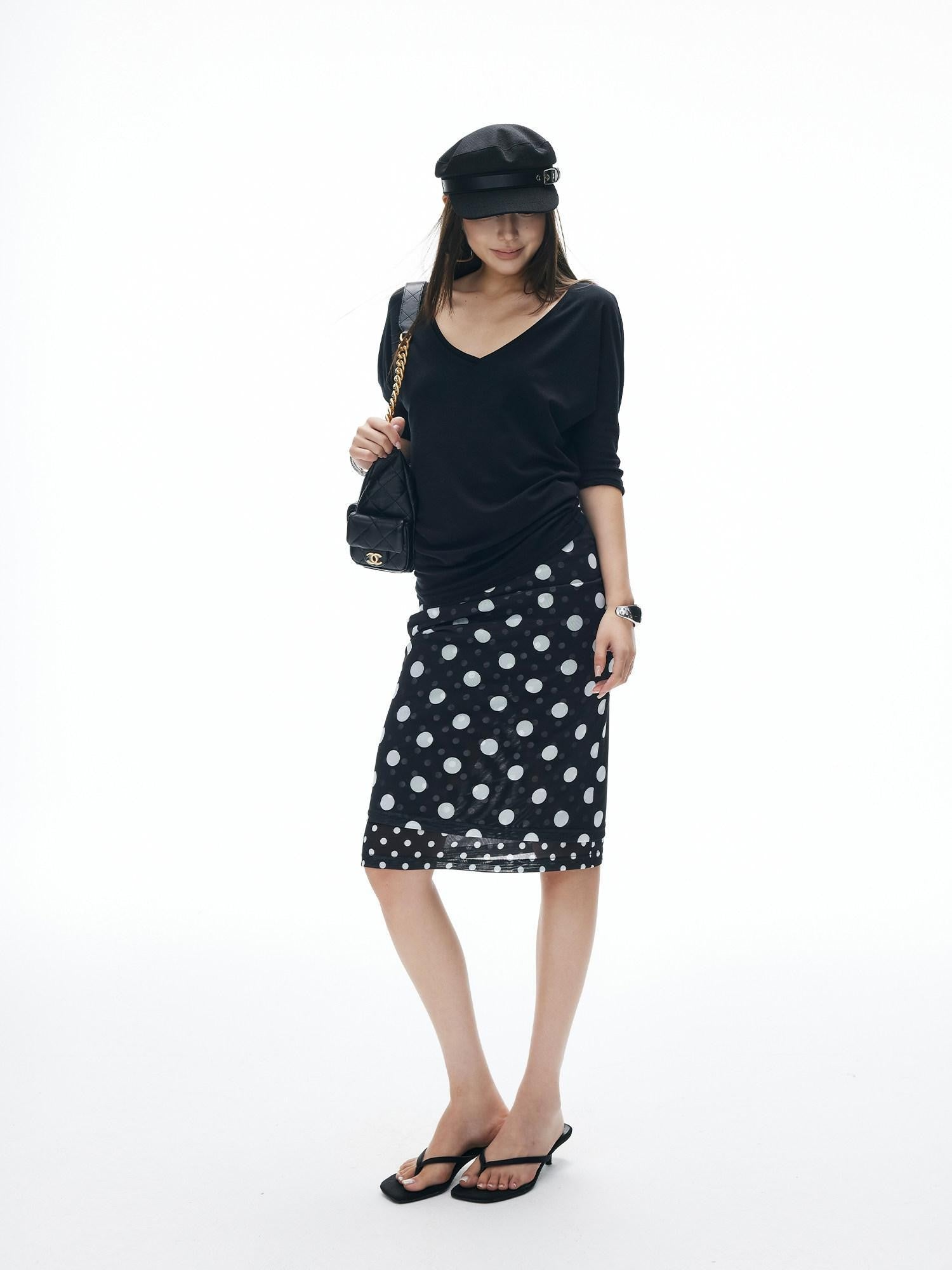 iamxiaa Relaxed V-neck Batwing Asymmetric Shoulder Women&