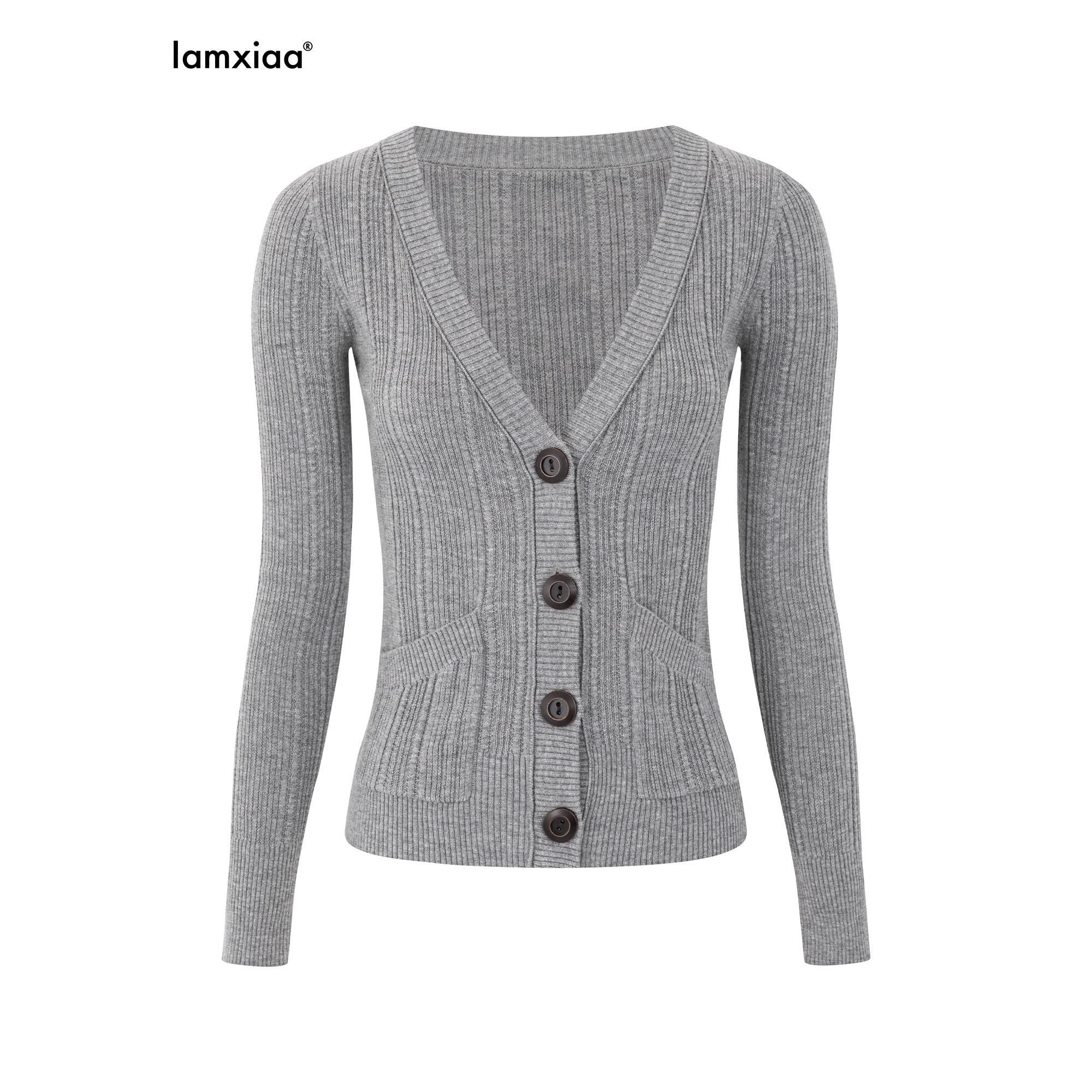 iamxiaa_Rib_Knit_V-neck_Vintage_Buttons_Double_Pocket_Slim_Women&