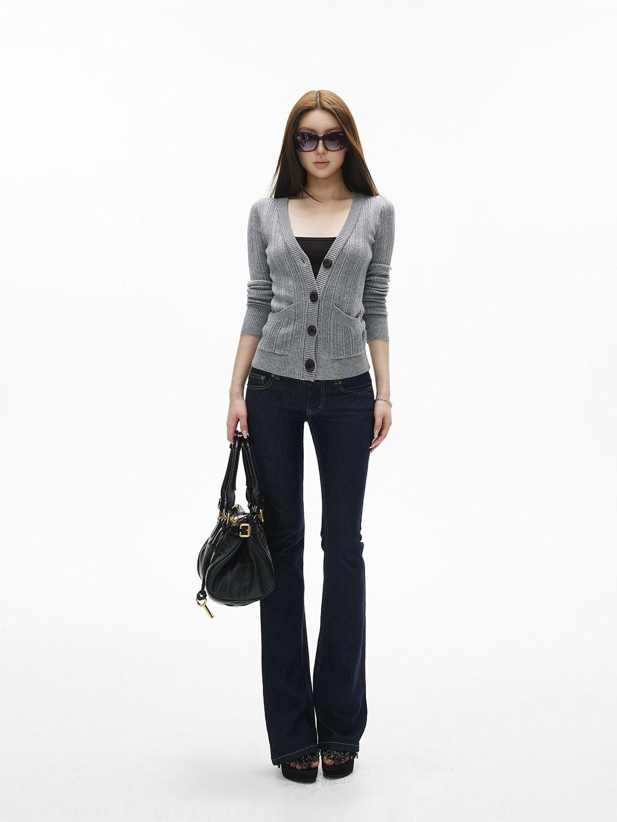 iamxiaa Rib Knit V-neck Vintage Buttons Double Pocket Slim Women&