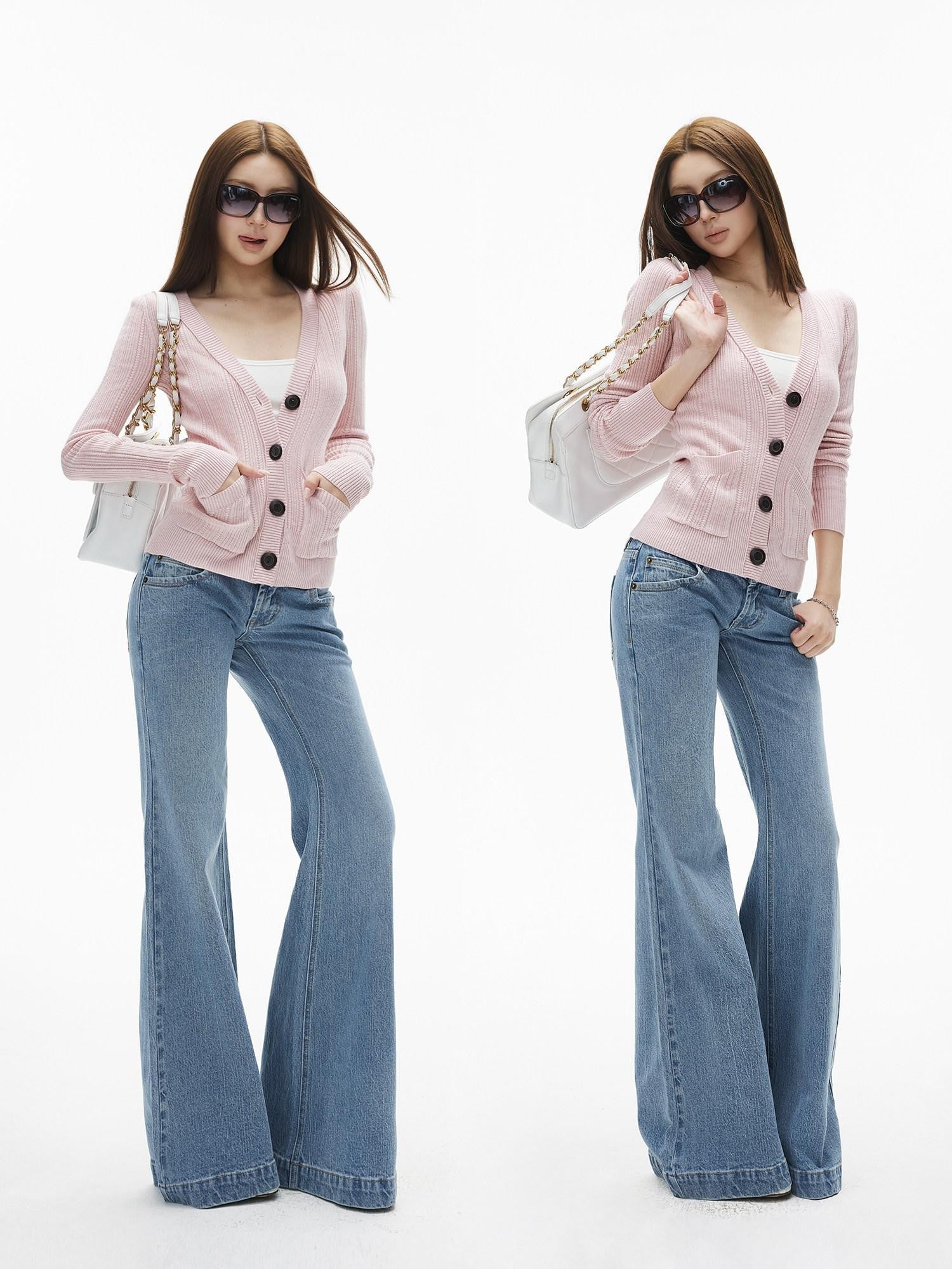 iamxiaa Rib Knit V-neck Vintage Buttons Double Pocket Slim Women&