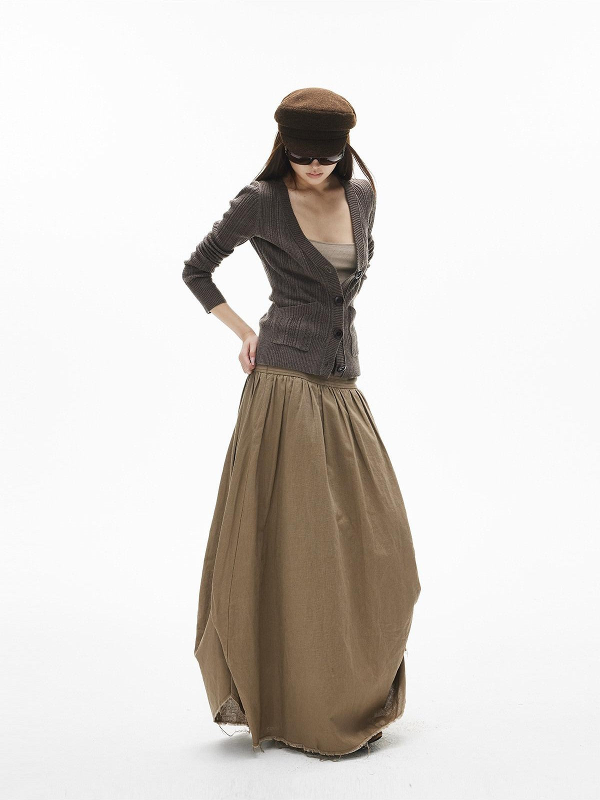 iamxiaa Rib Knit V-neck Vintage Buttons Double Pocket Slim Women&