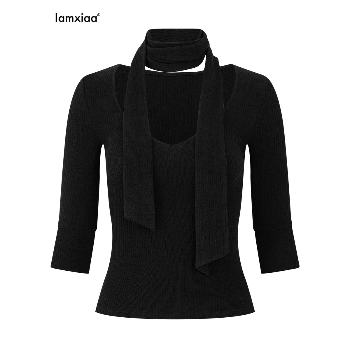 iamxiaa_Ribbed_Knit_Tie_Neck_V-neck_Women&