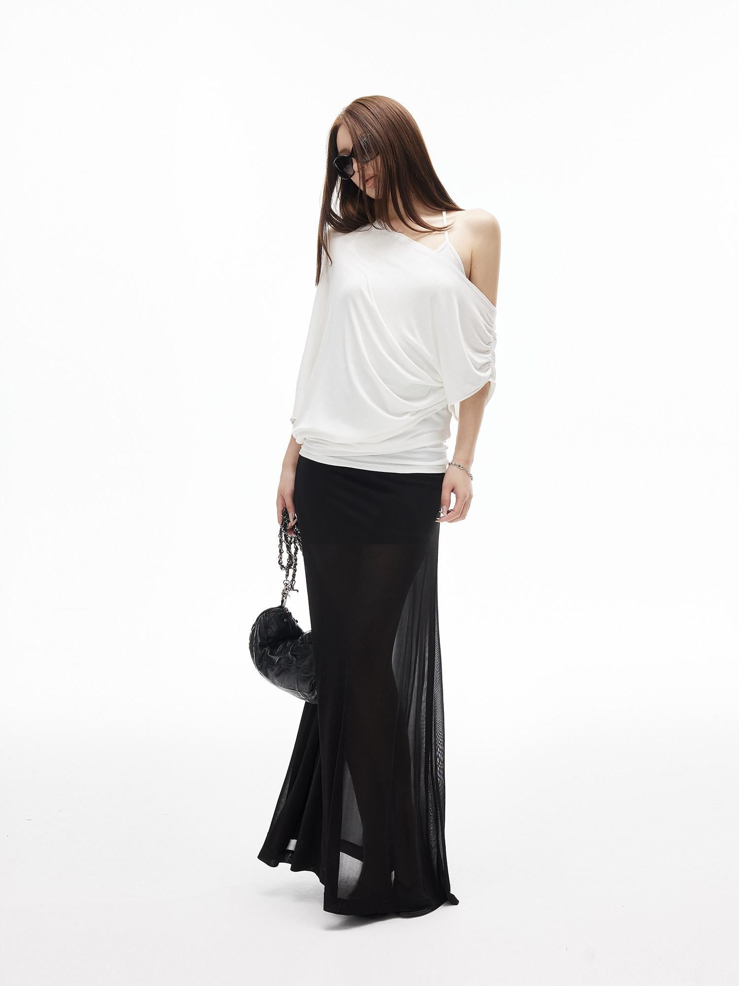 iamxiaa Ribbed Waist Back Slit Sheer Tulle Micro A Line Slim Women&