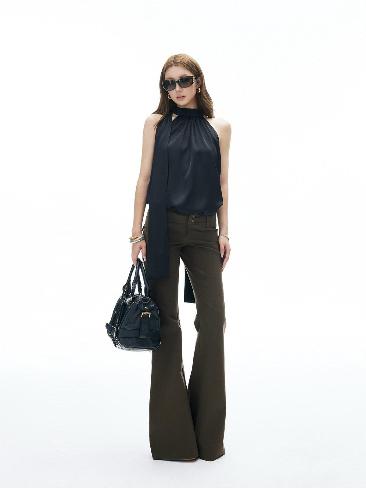 iamxiaa Ruched Cutout Shoulders Back Ribbon Women&