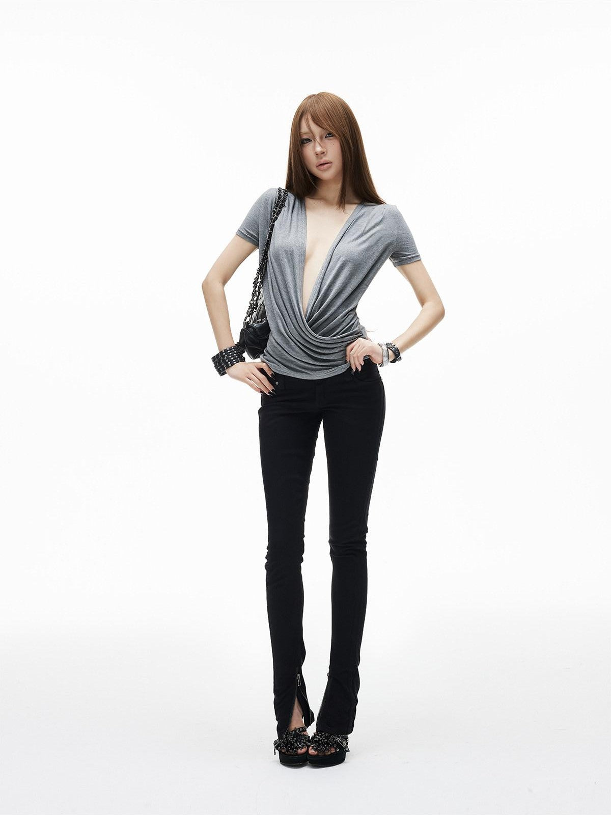 iamxiaa Ruched Wrap Deep V Adjustable Snap Women&