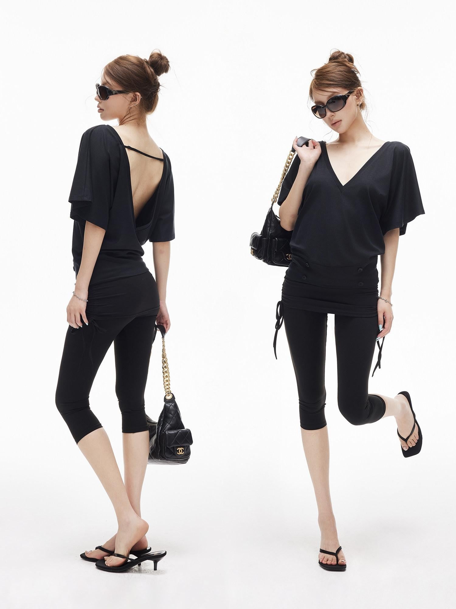 iamxiaa Ruffle Sleeve V-neck Adjustable Open Back Buttons Women&