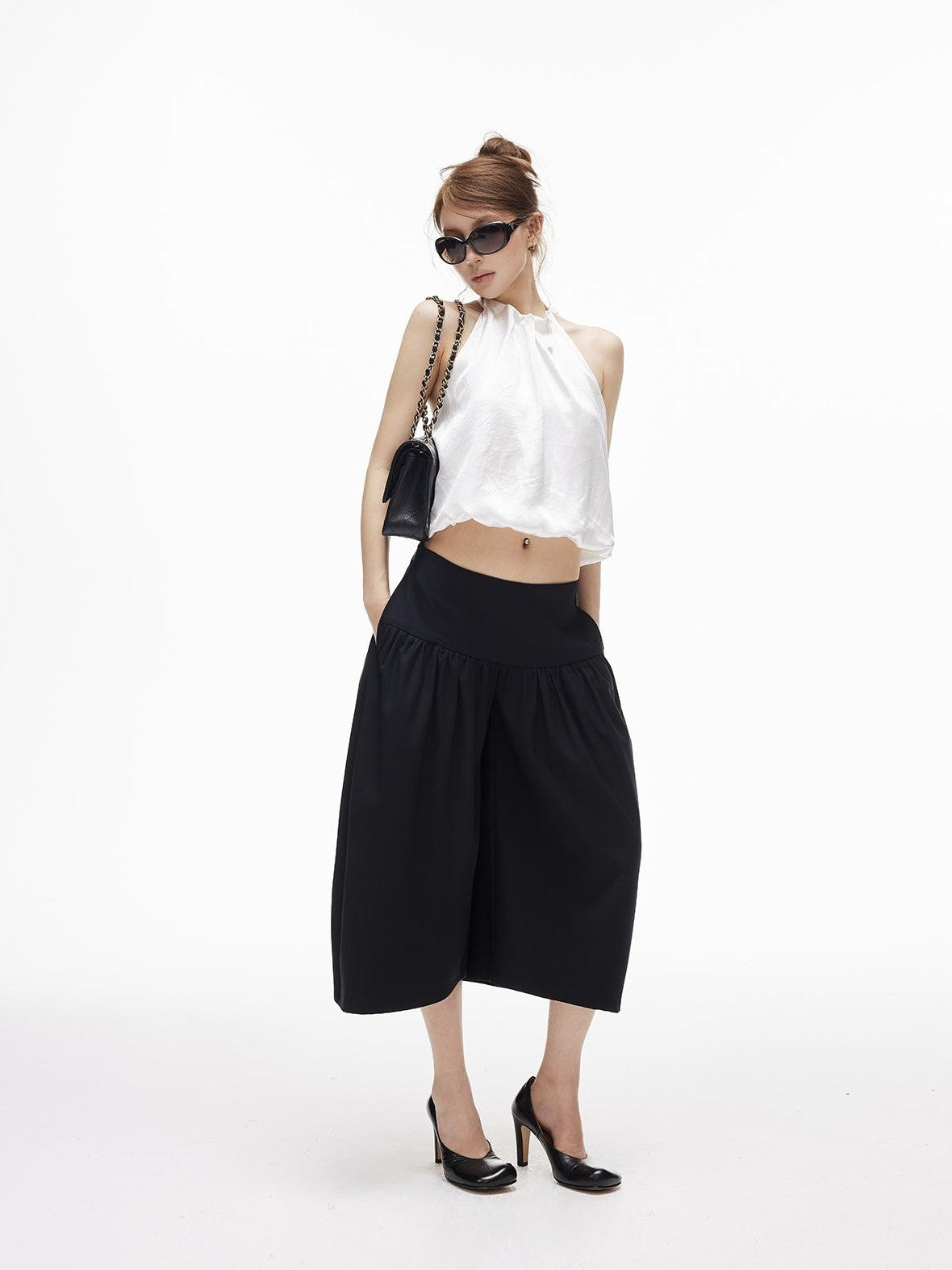 iamxiaa Satin Open Back Tie Neck Ruched Bubble Hem Women&