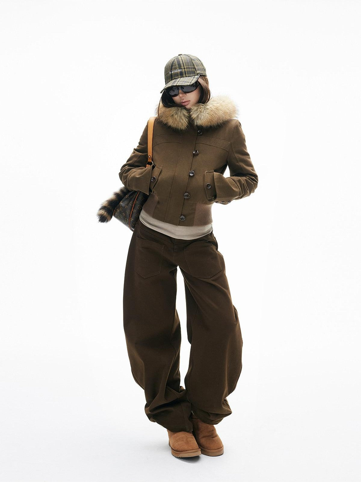 iamxiaa Satin Sheen Detachable Fur Hood H Silhouette Women&