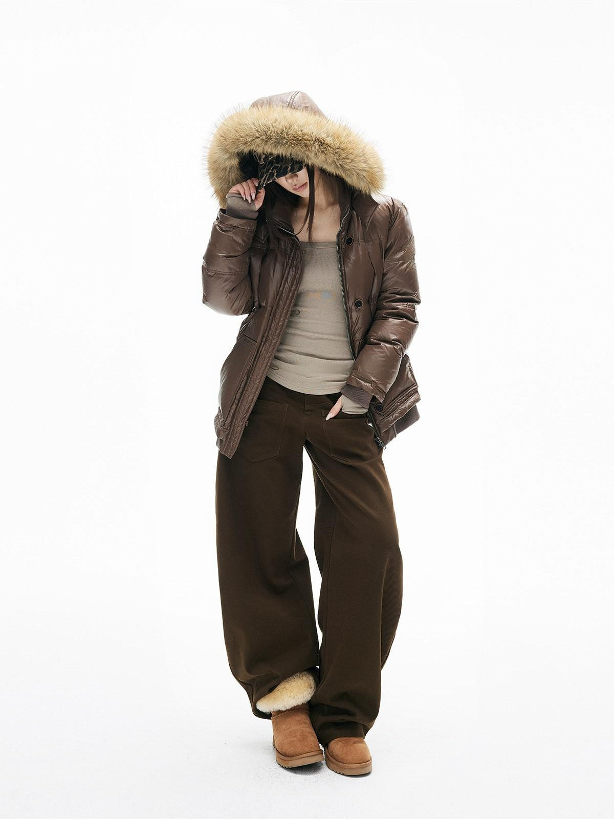 iamxiaa Satin Sheen Detachable Fur Hood H Silhouette Women&