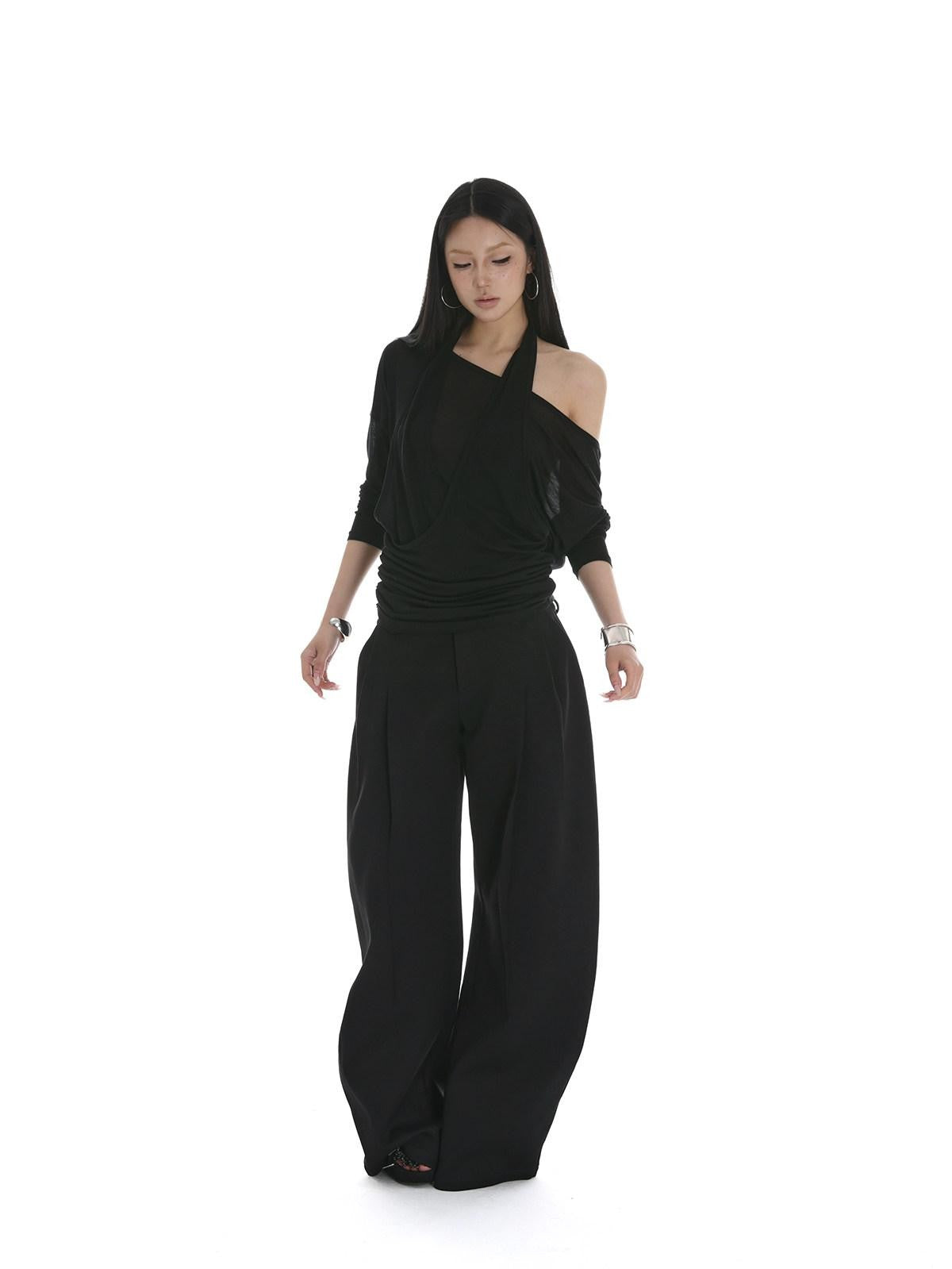 iamxiaa Sheer Ruched Halter Asymmetrical Layered Women&