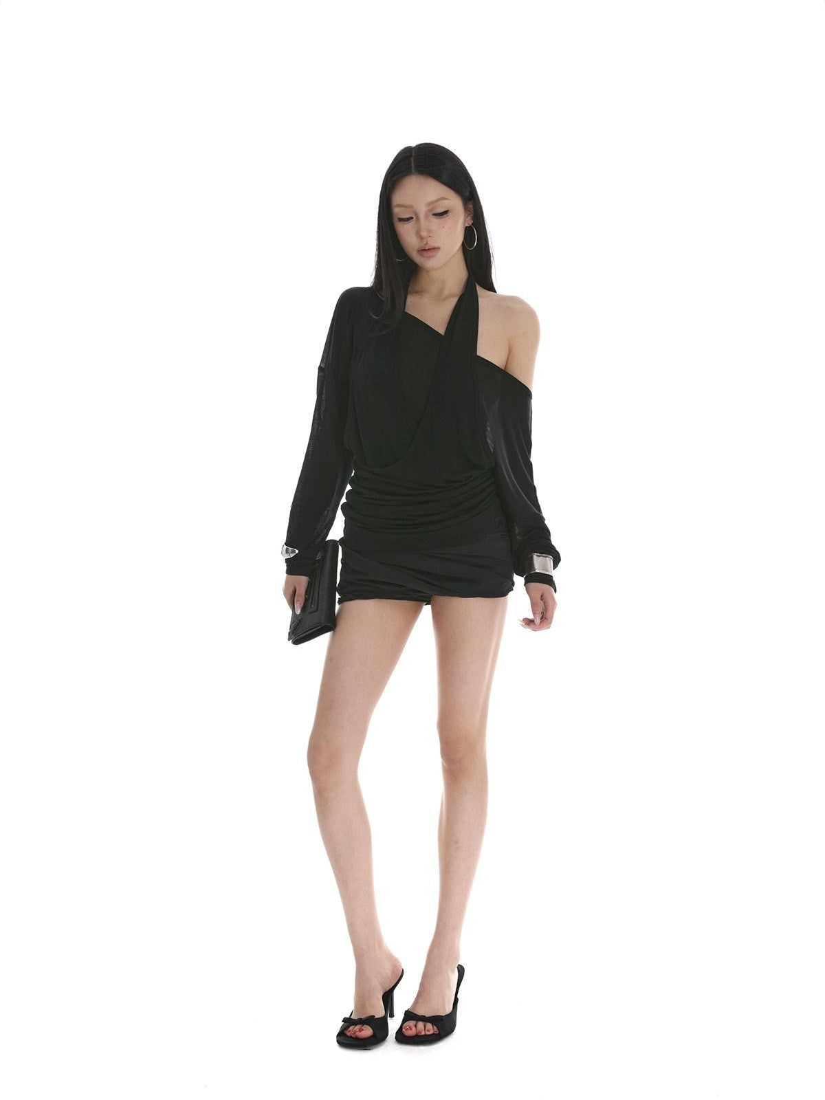 iamxiaa Sheer Ruched Halter Asymmetrical Layered Women&