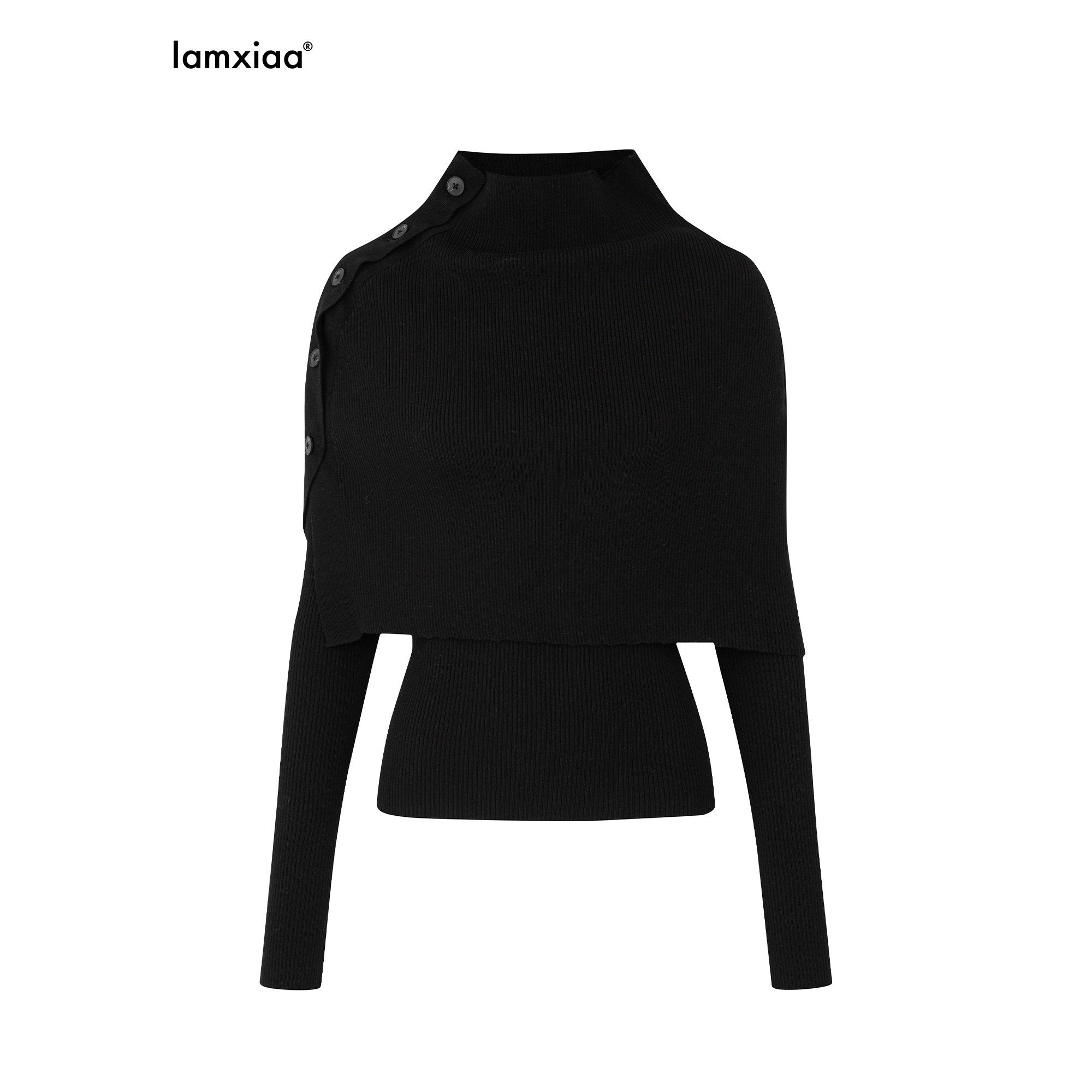 iamxiaa_Slim_Fine_Rib_Buttoned_Cape_Henley_Women&