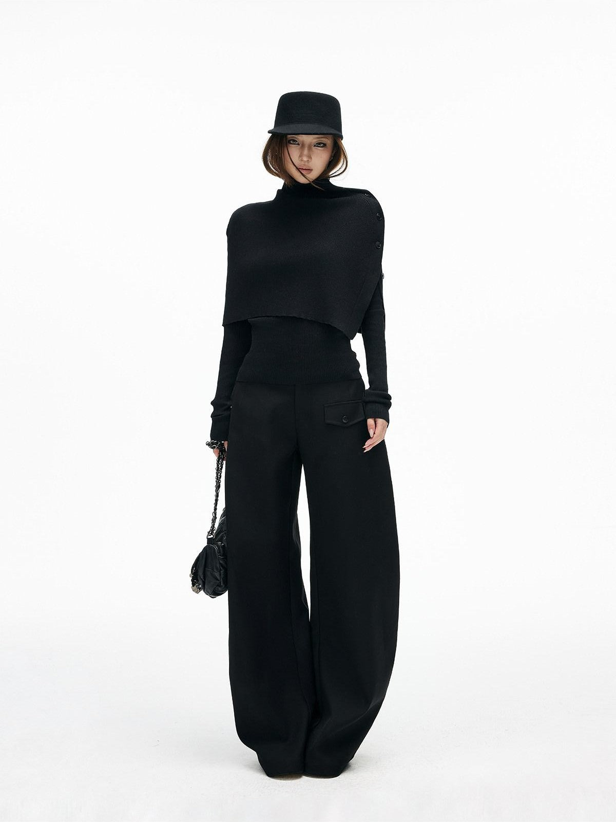 iamxiaa Slim Fine Rib Buttoned Cape Henley Women&