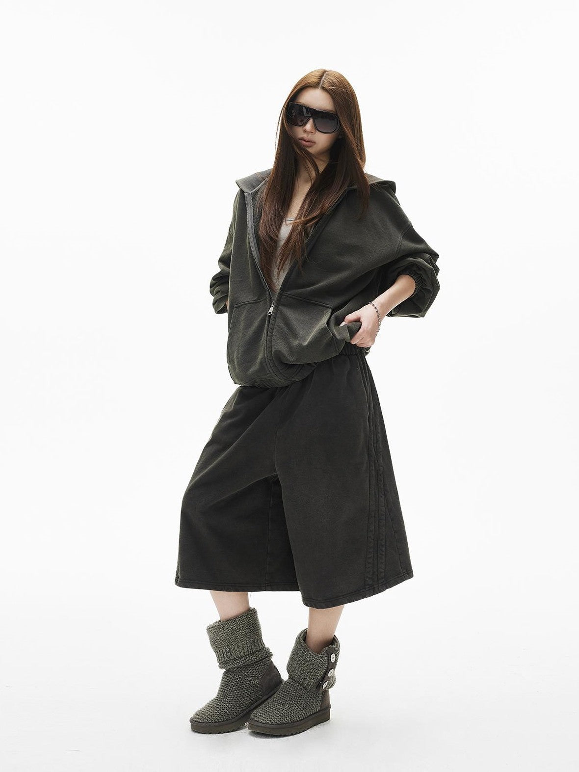 iamxiaa Snow Wash Zip Up Hooded Cotton Women&