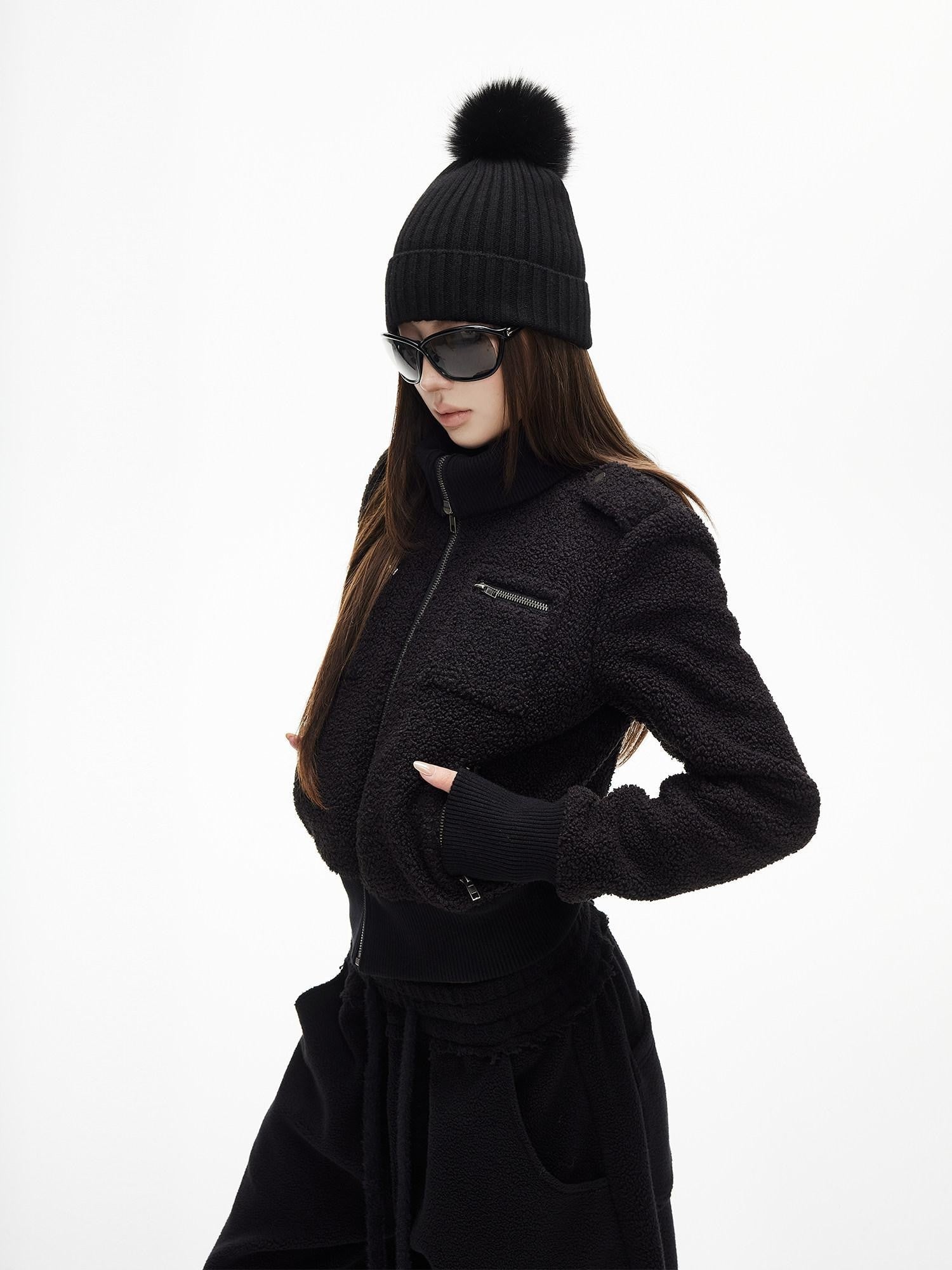 iamxiaa Soft Plush Convertible Collar Ribbed Waist Slim Women&