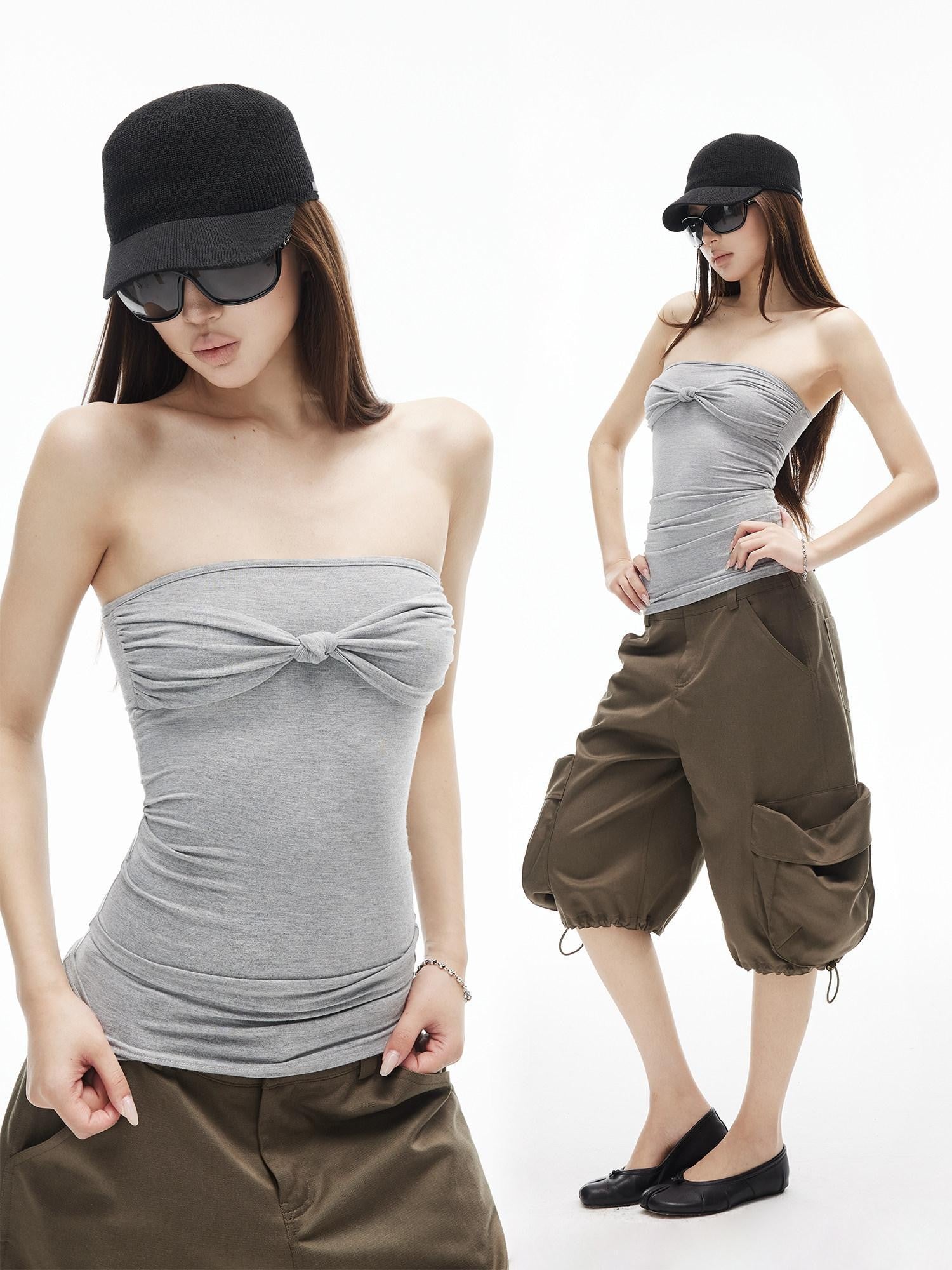 iamxiaa Straight Neck Twist Bow Ruched Women&