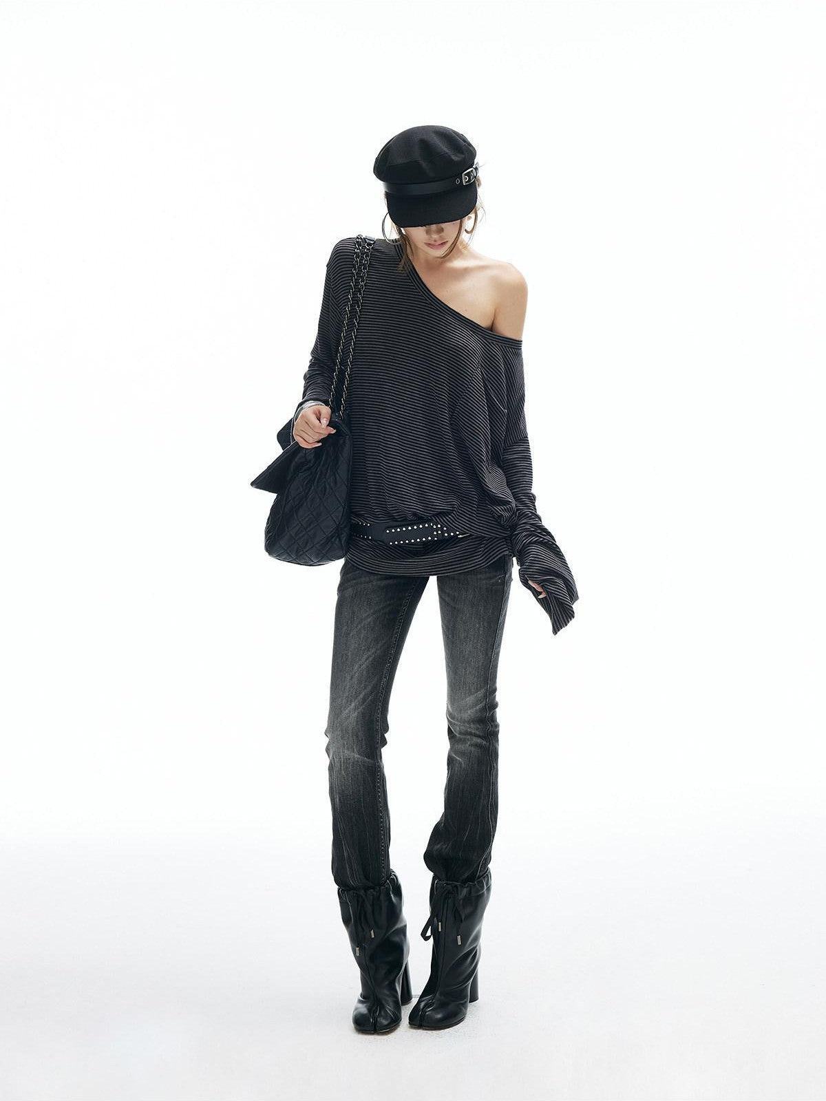 iamxiaa Striped Slanted Shoulder Strap Women&