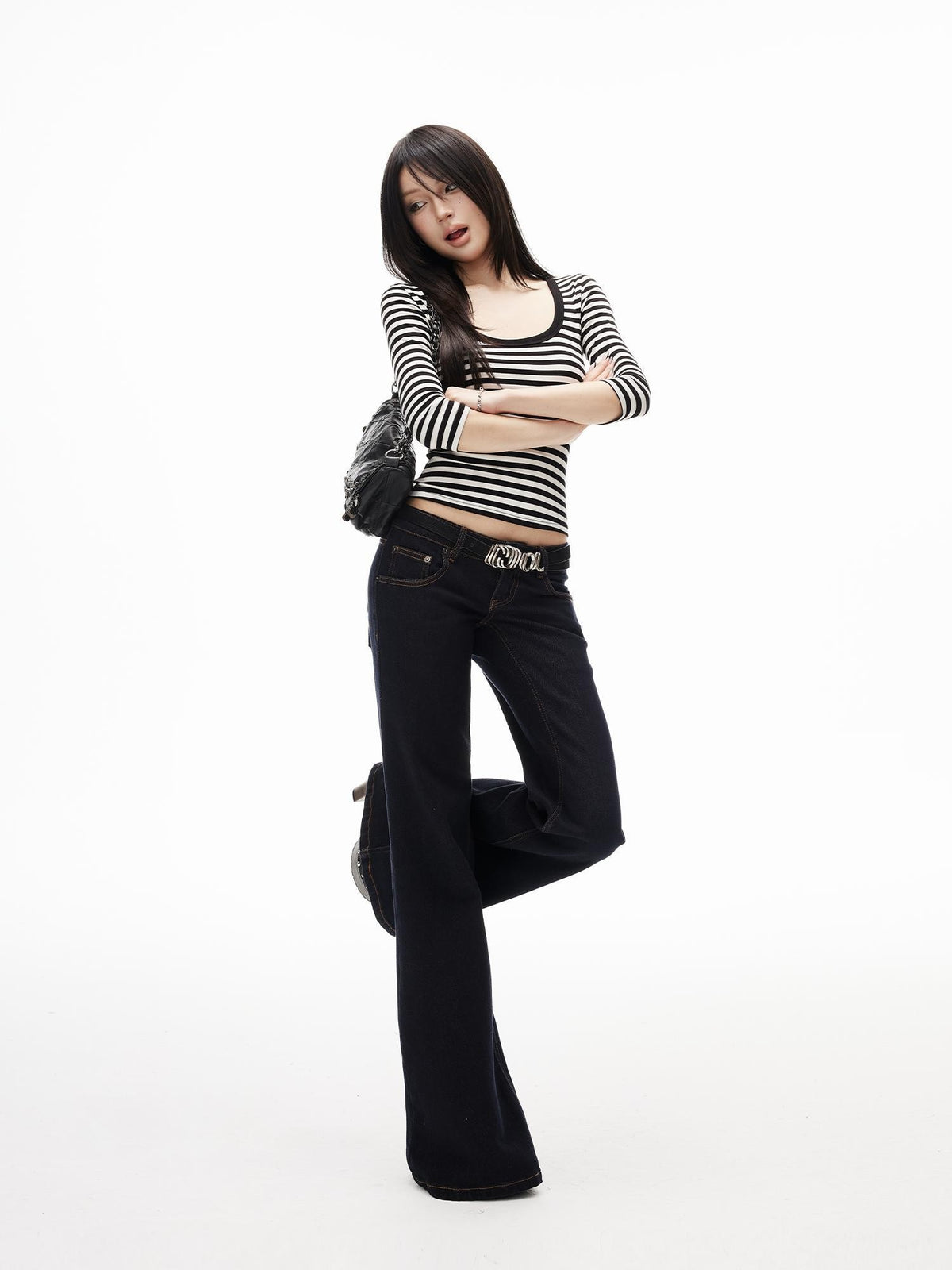 iamxiaa Striped U Neck Knit Lyocell Wool Women&