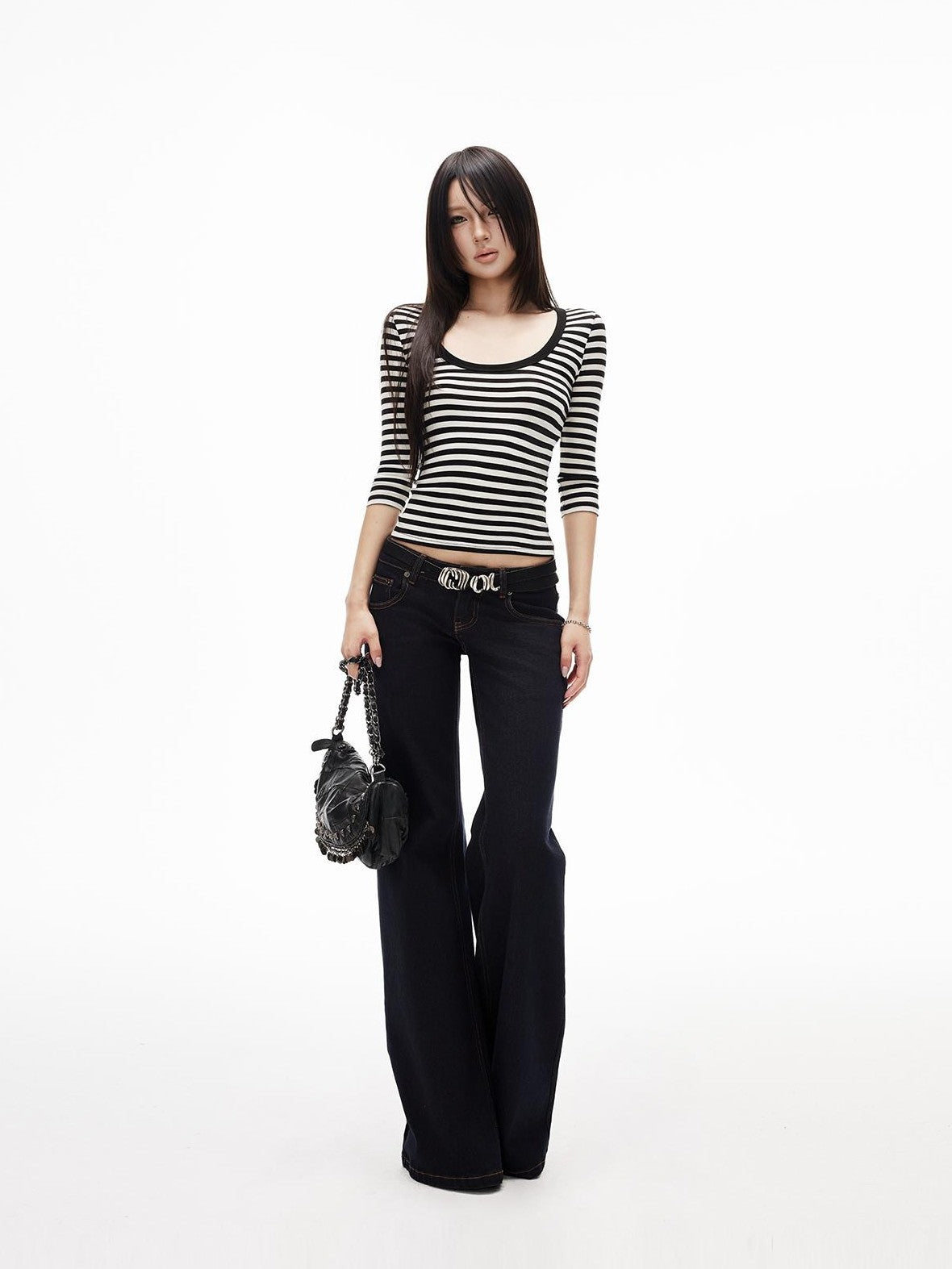 iamxiaa Striped U Neck Knit Lyocell Wool Women&