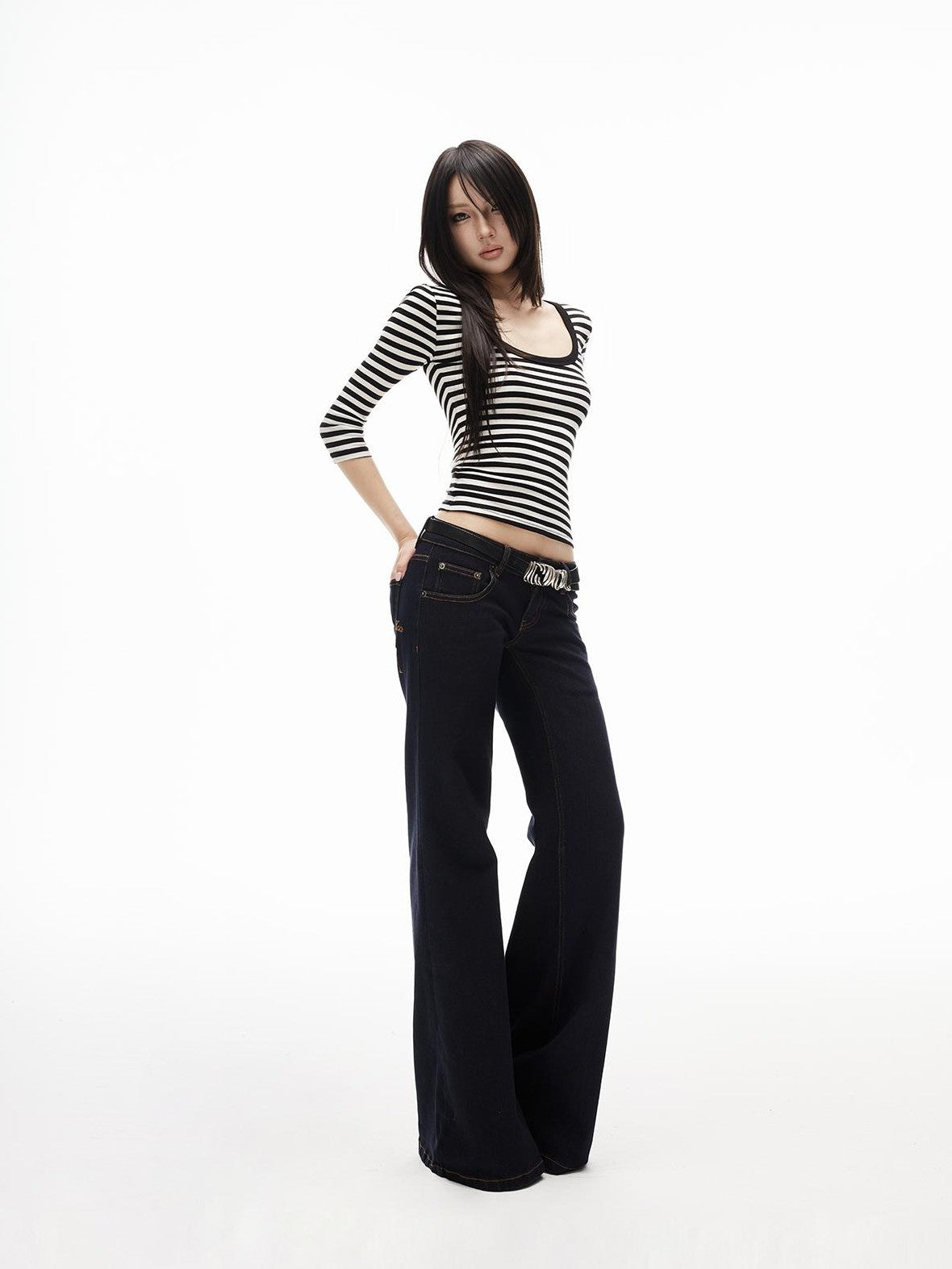 iamxiaa Striped U Neck Knit Lyocell Wool Women&