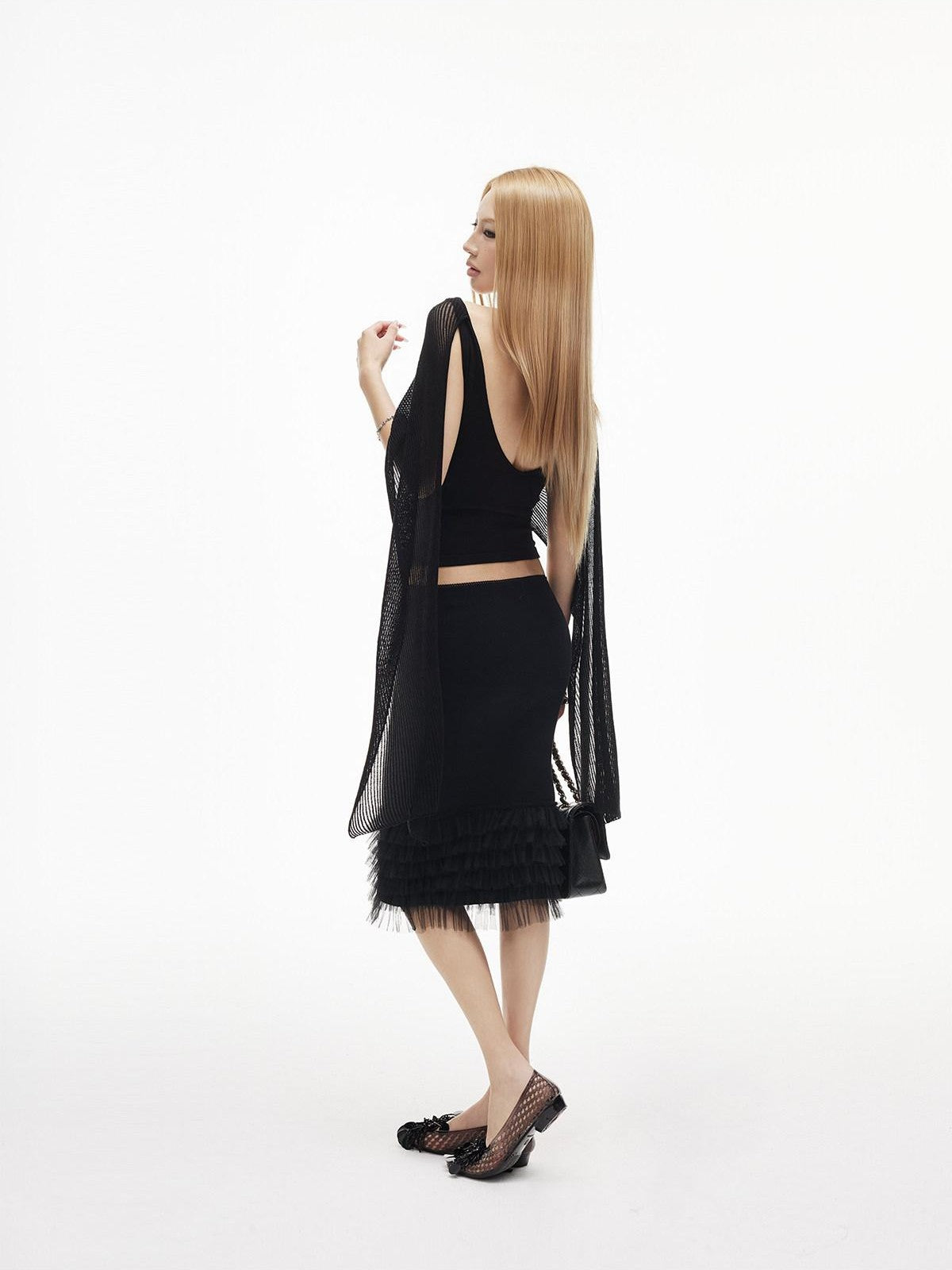 iamxiaa Textured Sash Boat Neck Low Back Slim Women&