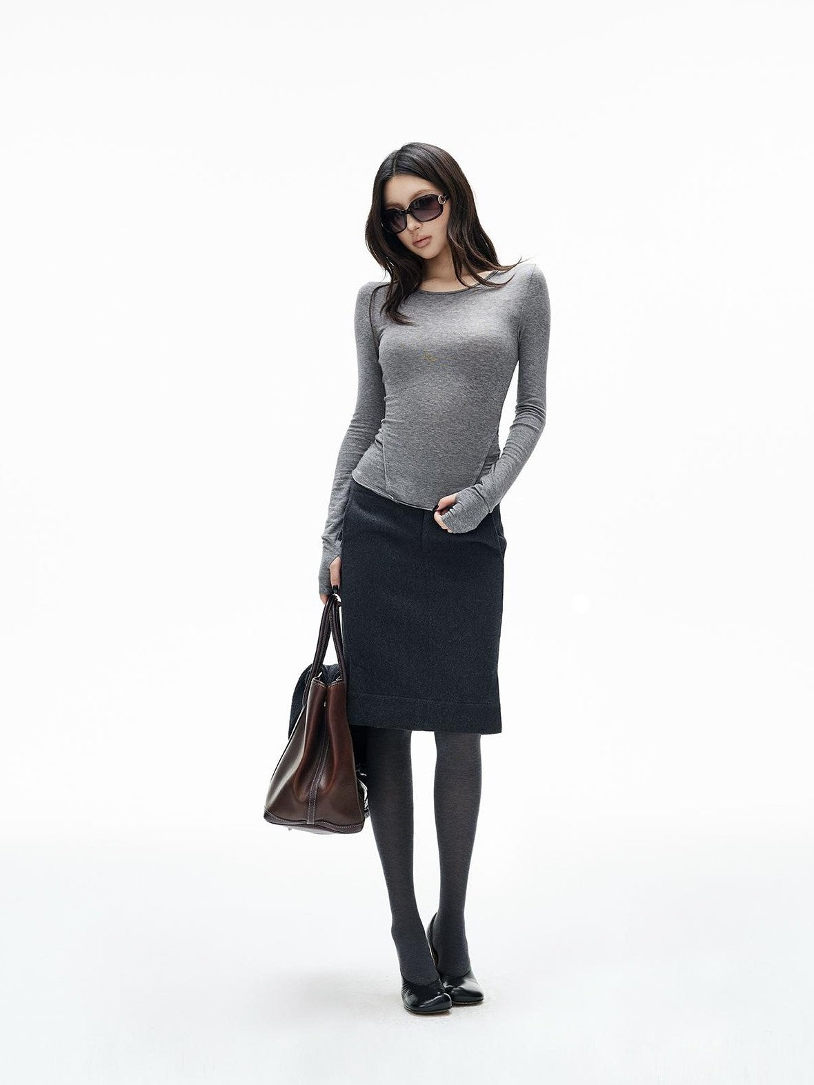 iamxiaa Textured Wool Blend Low Rise Asymmetric Waist Pencil Women&