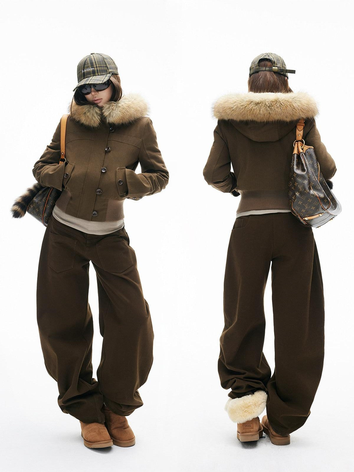 iamxiaa Twill Hooded Detachable Teddy Fur Collar Women&