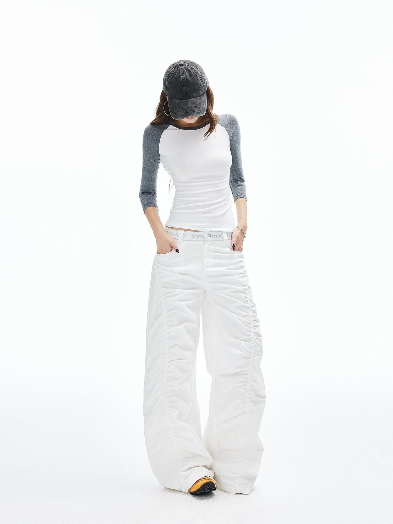 iamxiaa Twill Ribbed Lettered Diagonal Gathered Low Waist Women&