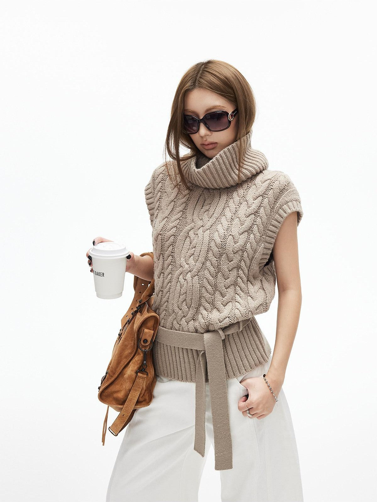 iamxiaa Two Tone 3d Cable Chunky Knit Belted High Neck Cap Sleeve Women&
